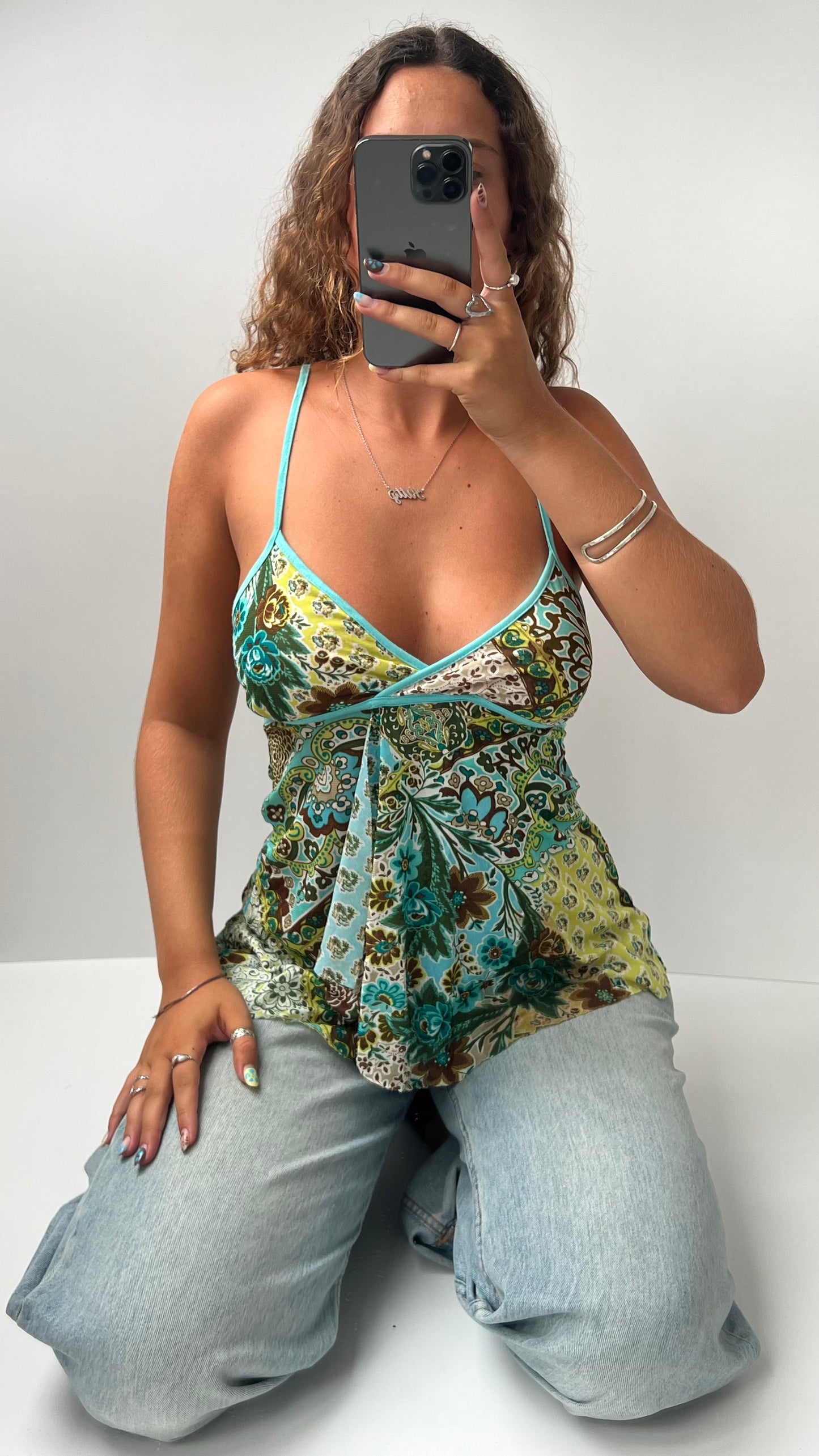 00s green floral mesh cami- size M
