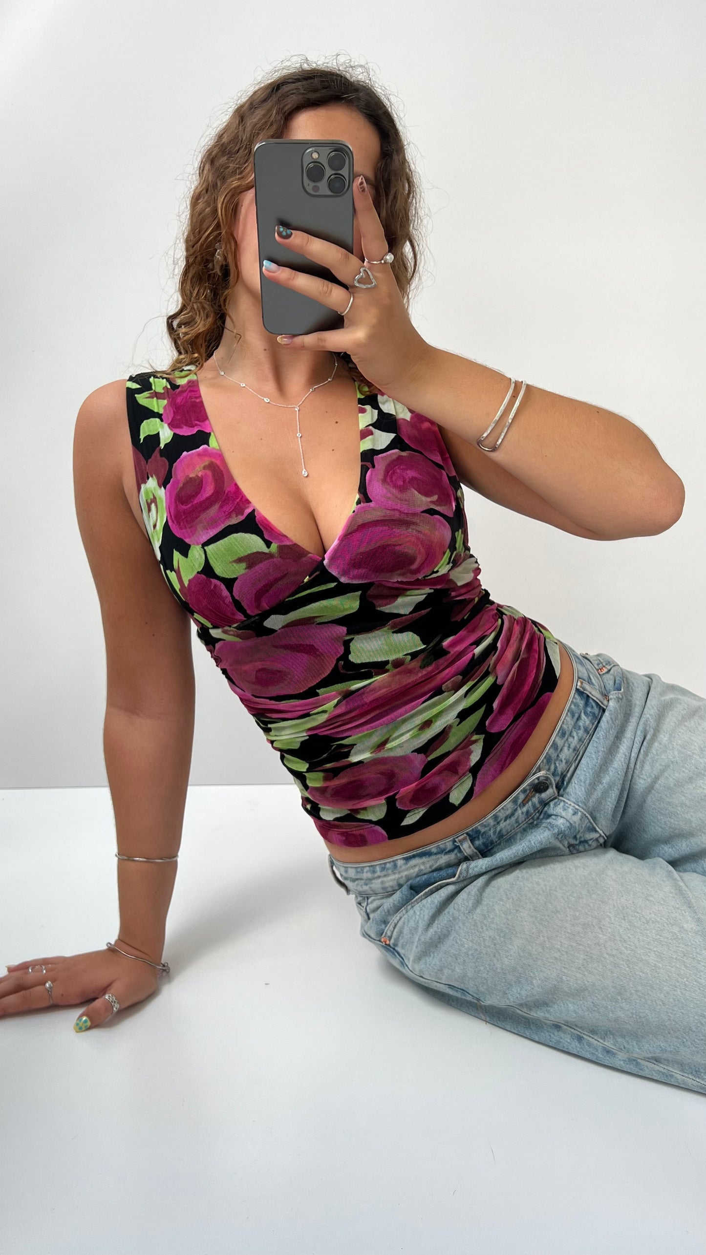 00s black pink floral top- size S