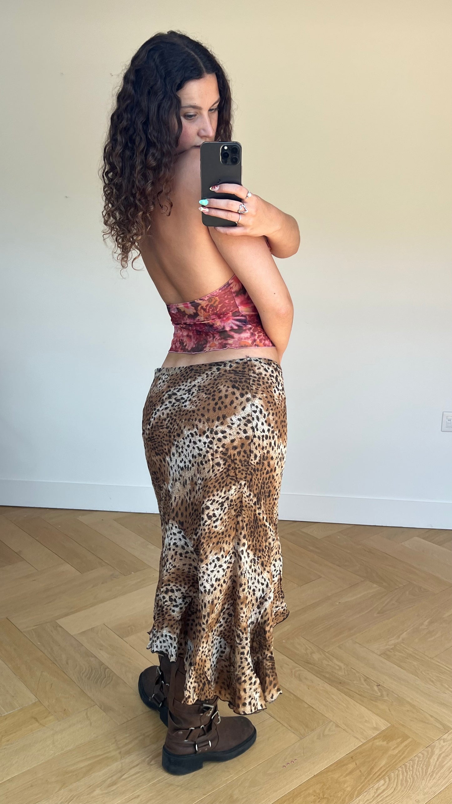 00s leopard print maxi skirt- size L