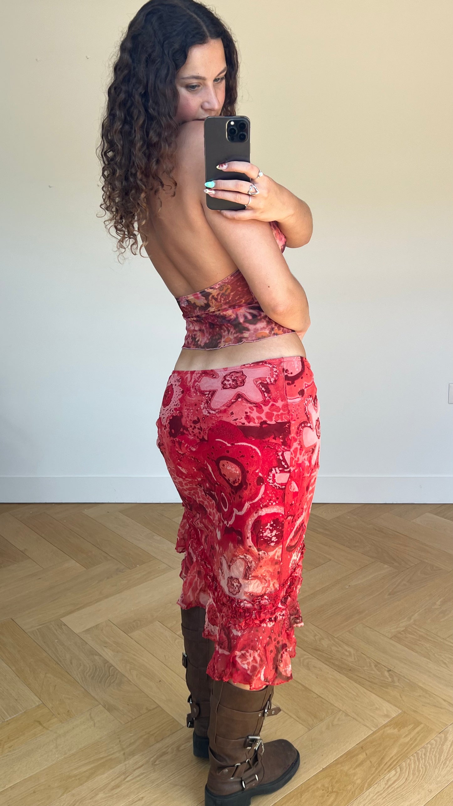 00s red floral mesh midi skirt- size M
