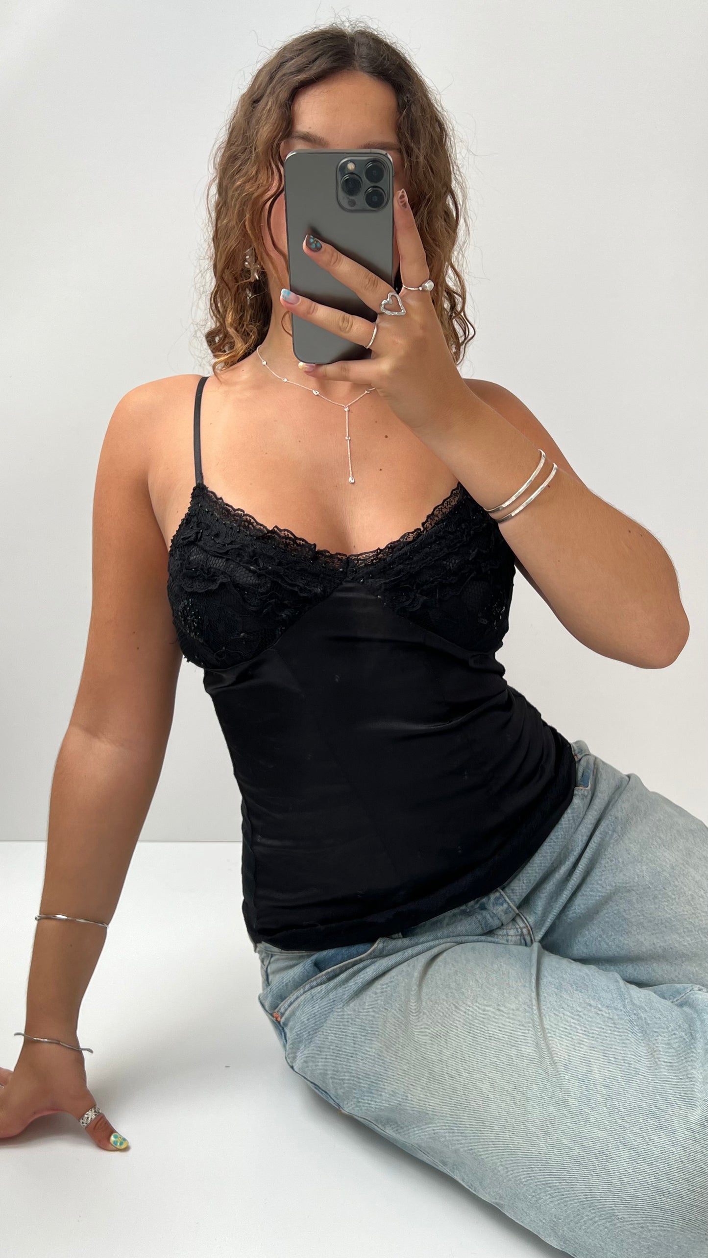 00s black satin lace cami- size M