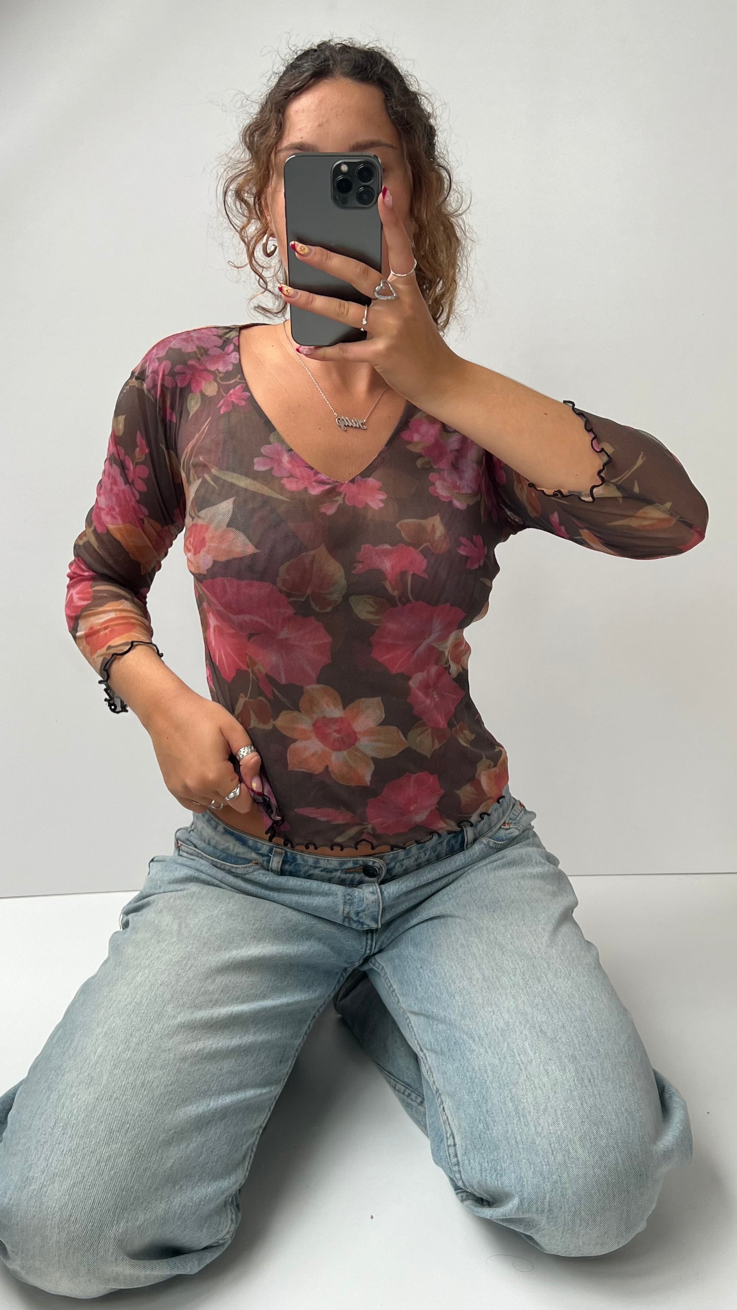 00s brown pink mesh long sleeve top- size M