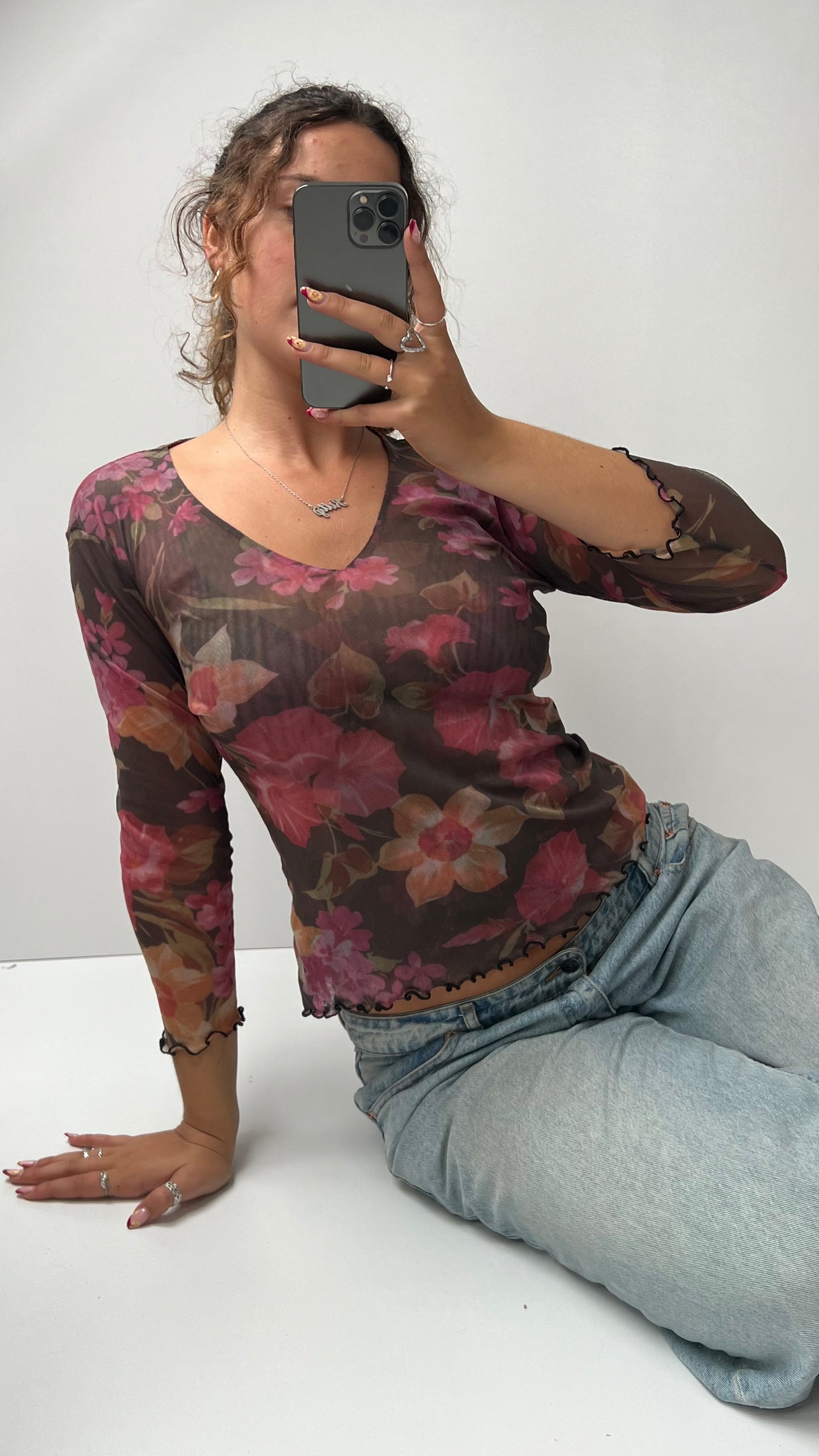 00s brown pink mesh long sleeve top- size M