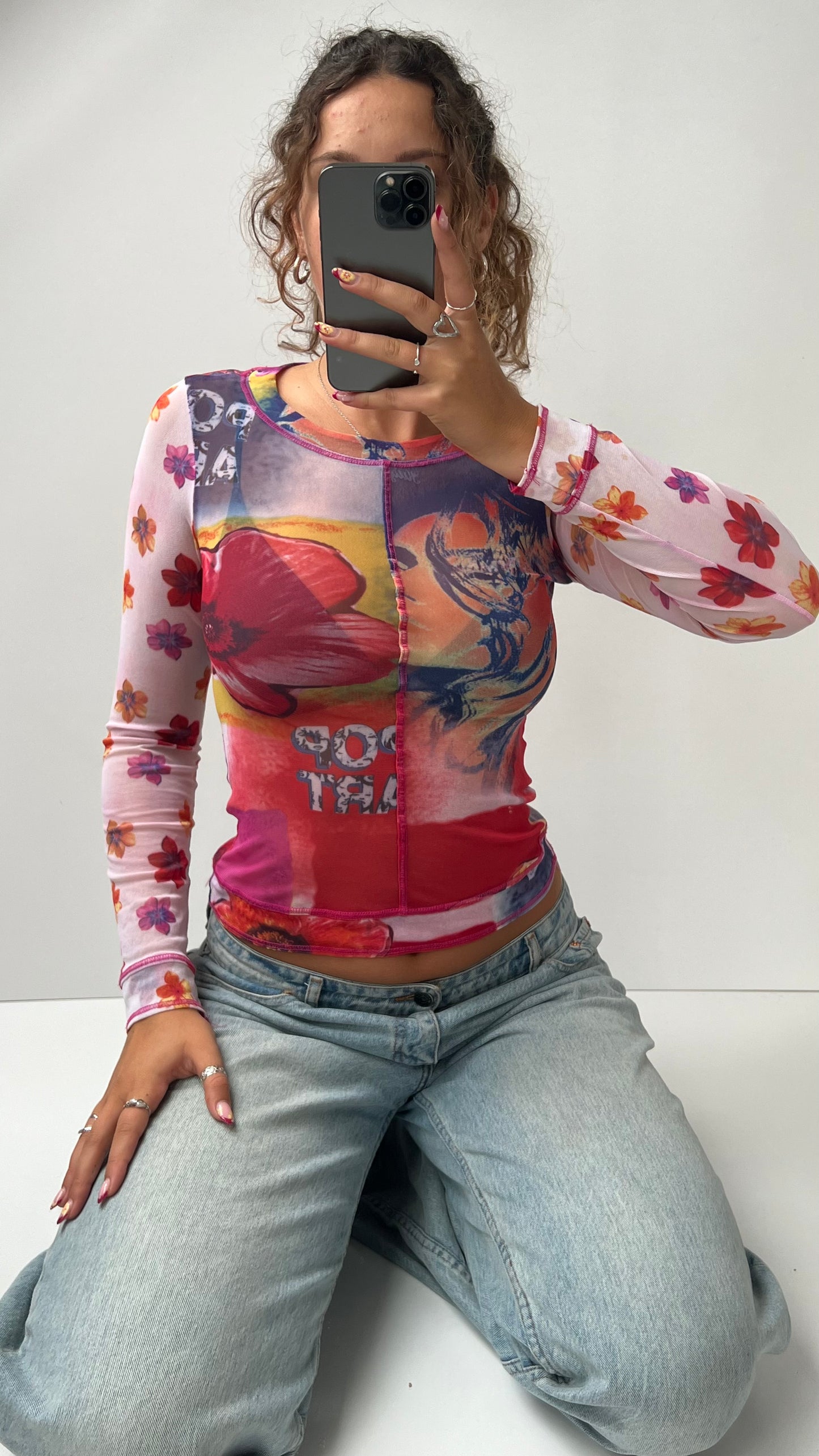 00s pink graphic mesh long sleeve top- size S