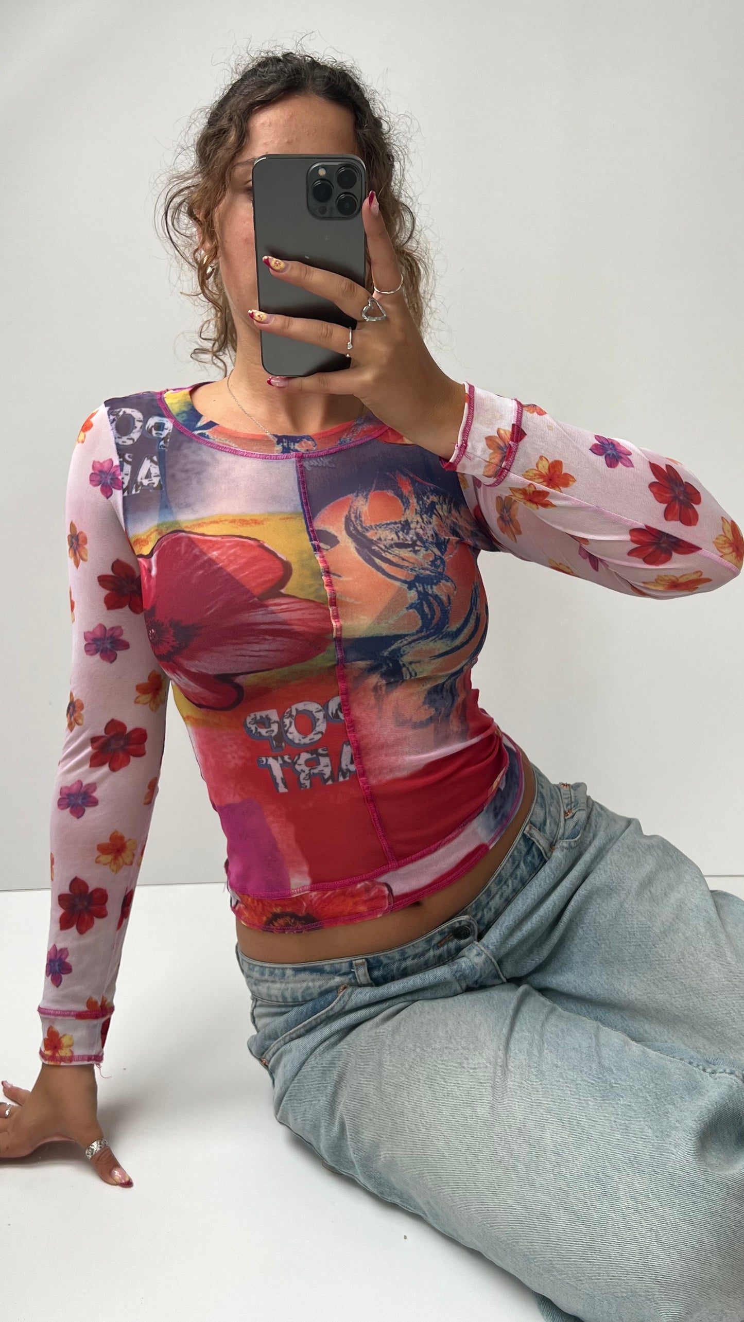 00s pink graphic mesh long sleeve top- size S