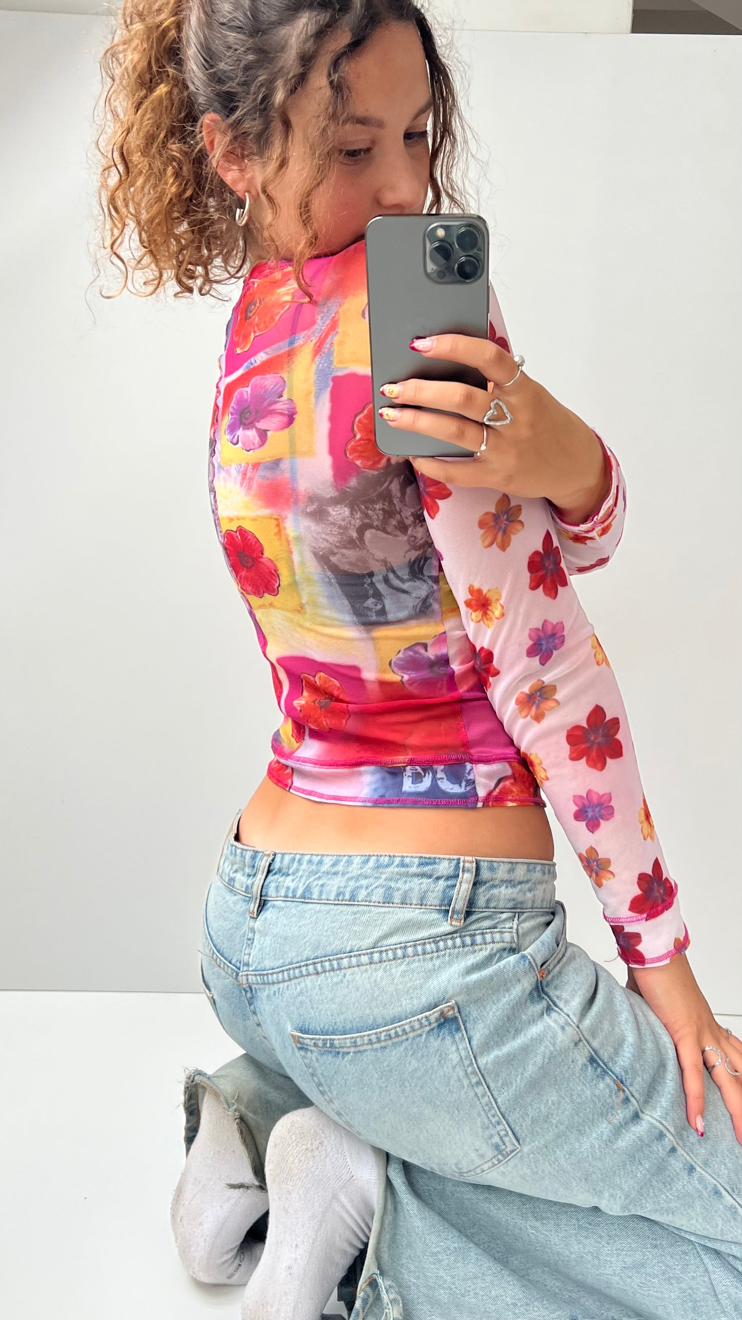 00s pink graphic mesh long sleeve top- size S