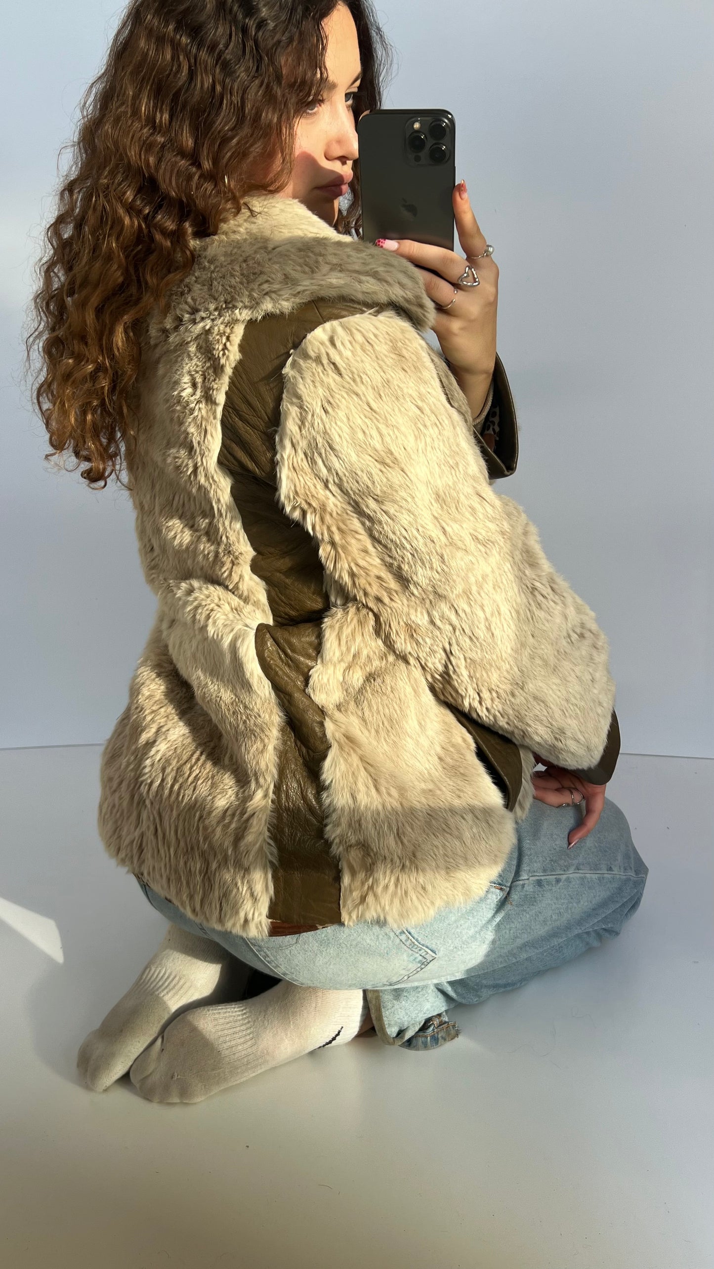 00s brown fur leather coat- size XL