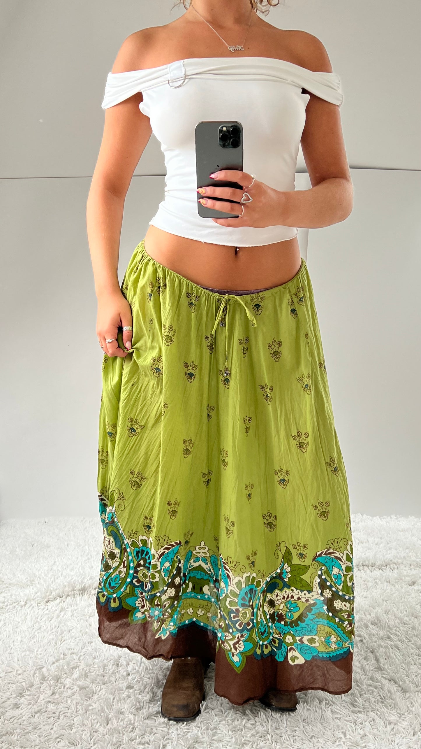 00s green brown boho maxi skirt- size L