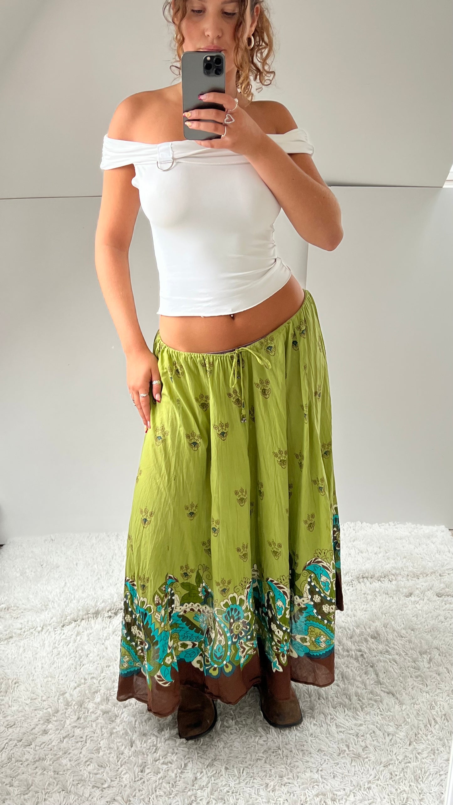 00s green brown boho maxi skirt- size L