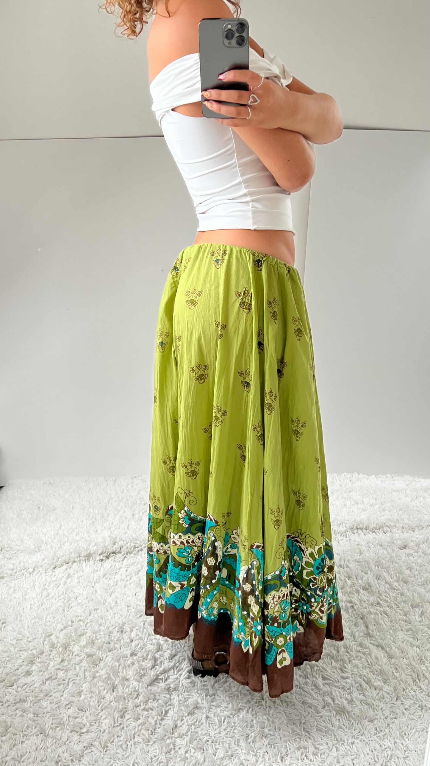 00s green brown boho maxi skirt- size L
