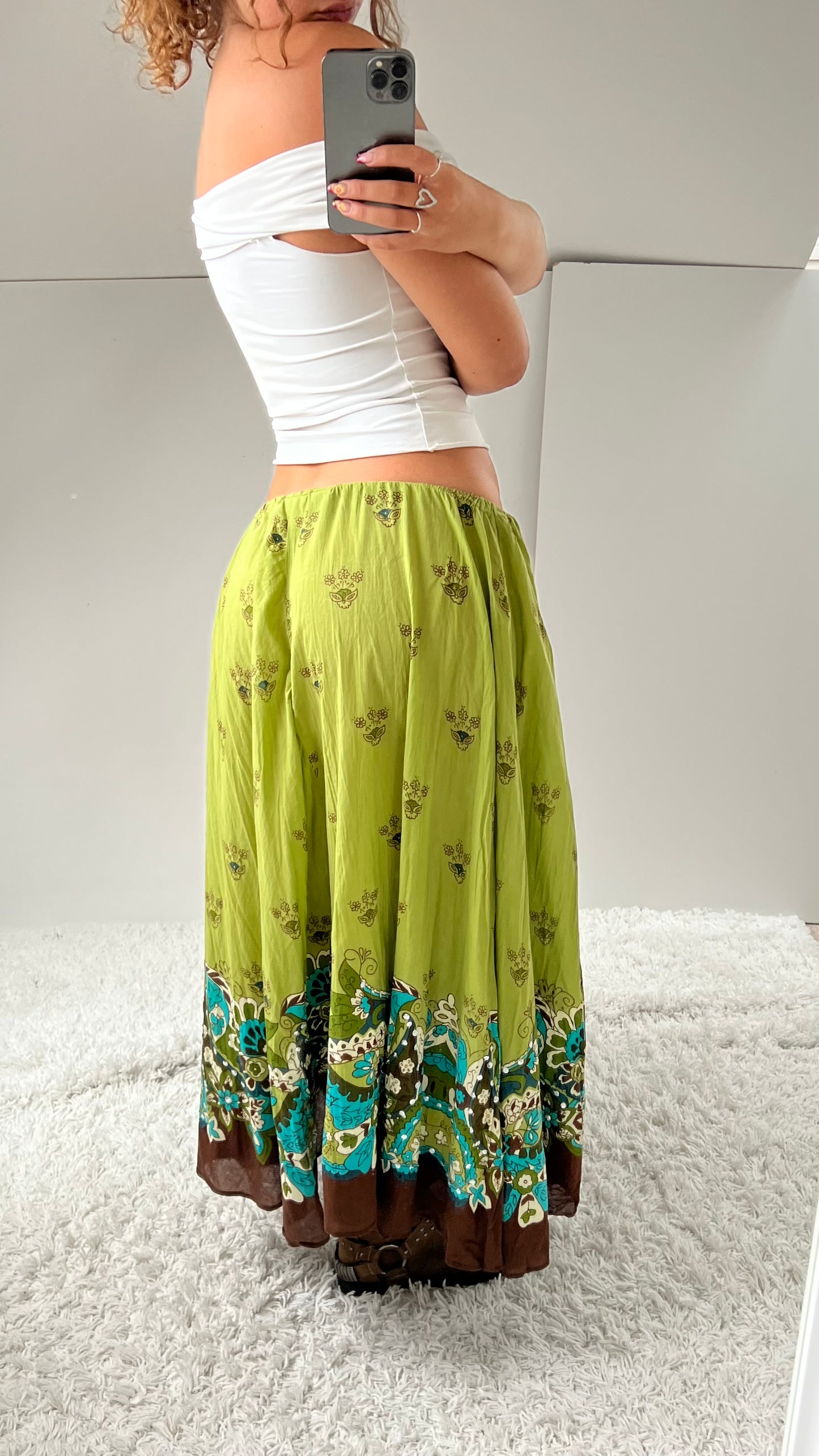 00s green brown boho maxi skirt- size L