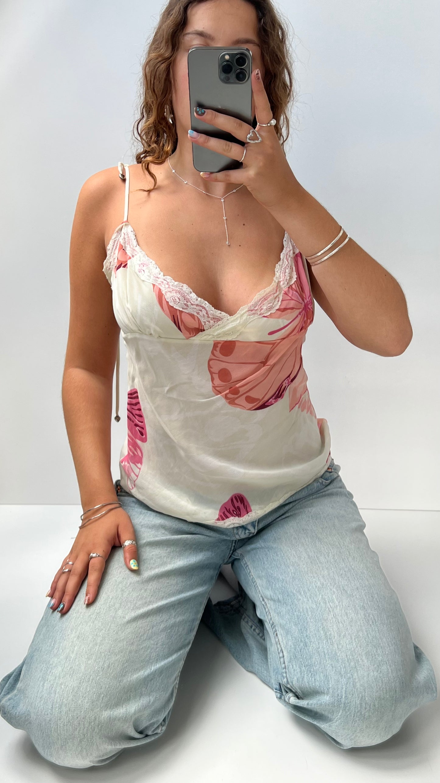 00s cream butterfly mesh cami- size L