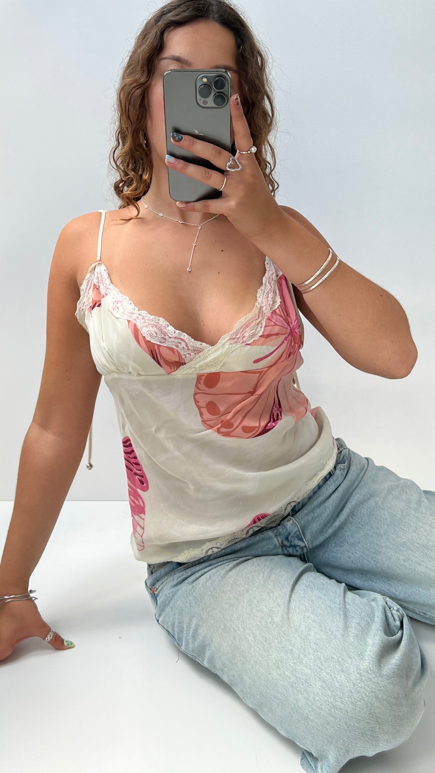 00s cream butterfly mesh cami- size L