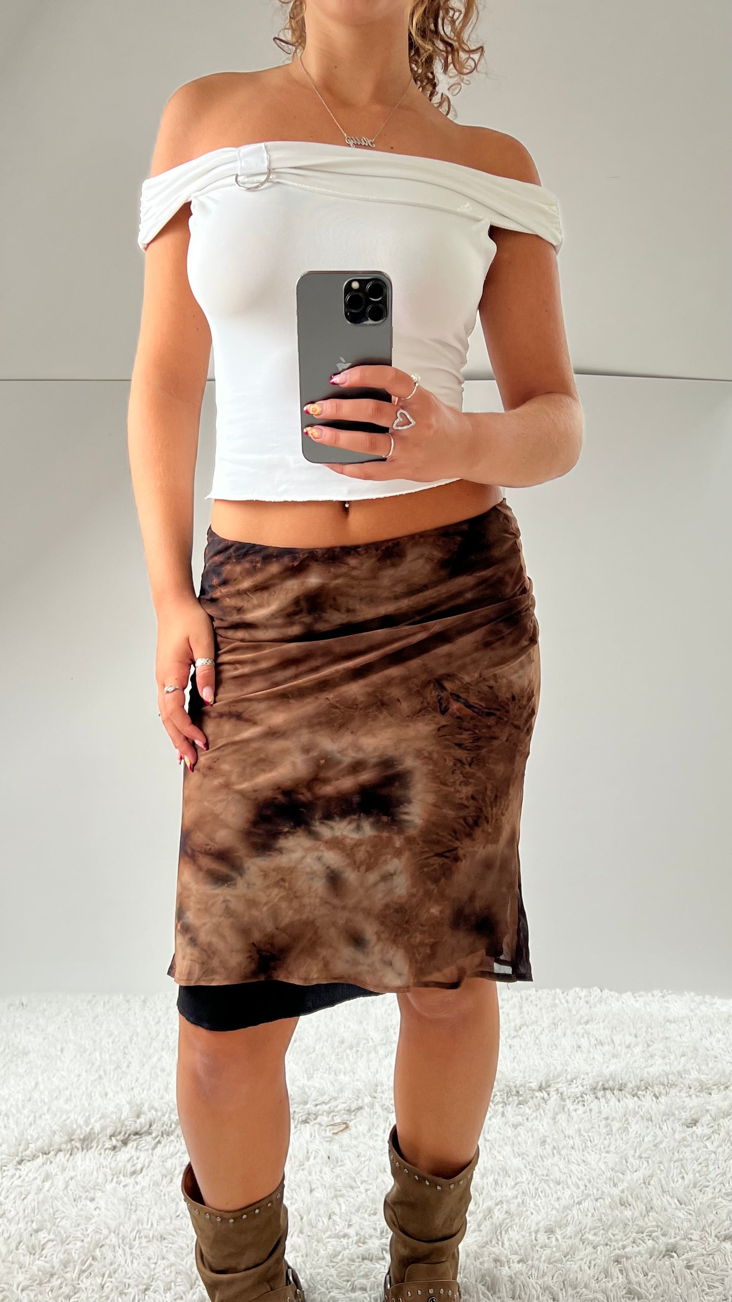 00s brown tie dye mesh midi skirt- size S
