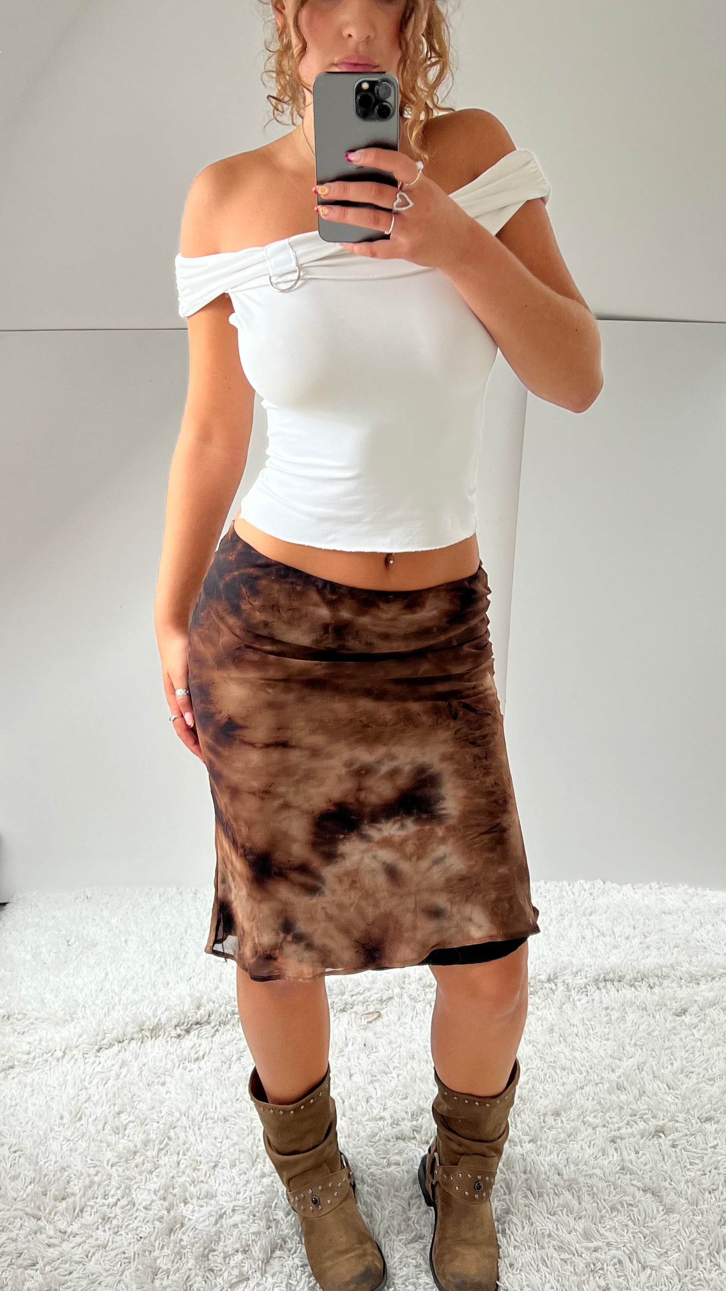 00s brown tie dye mesh midi skirt- size S