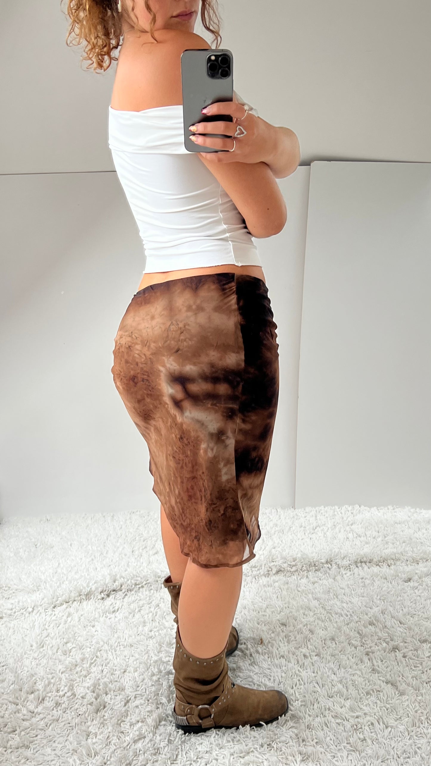 00s brown tie dye mesh midi skirt- size S