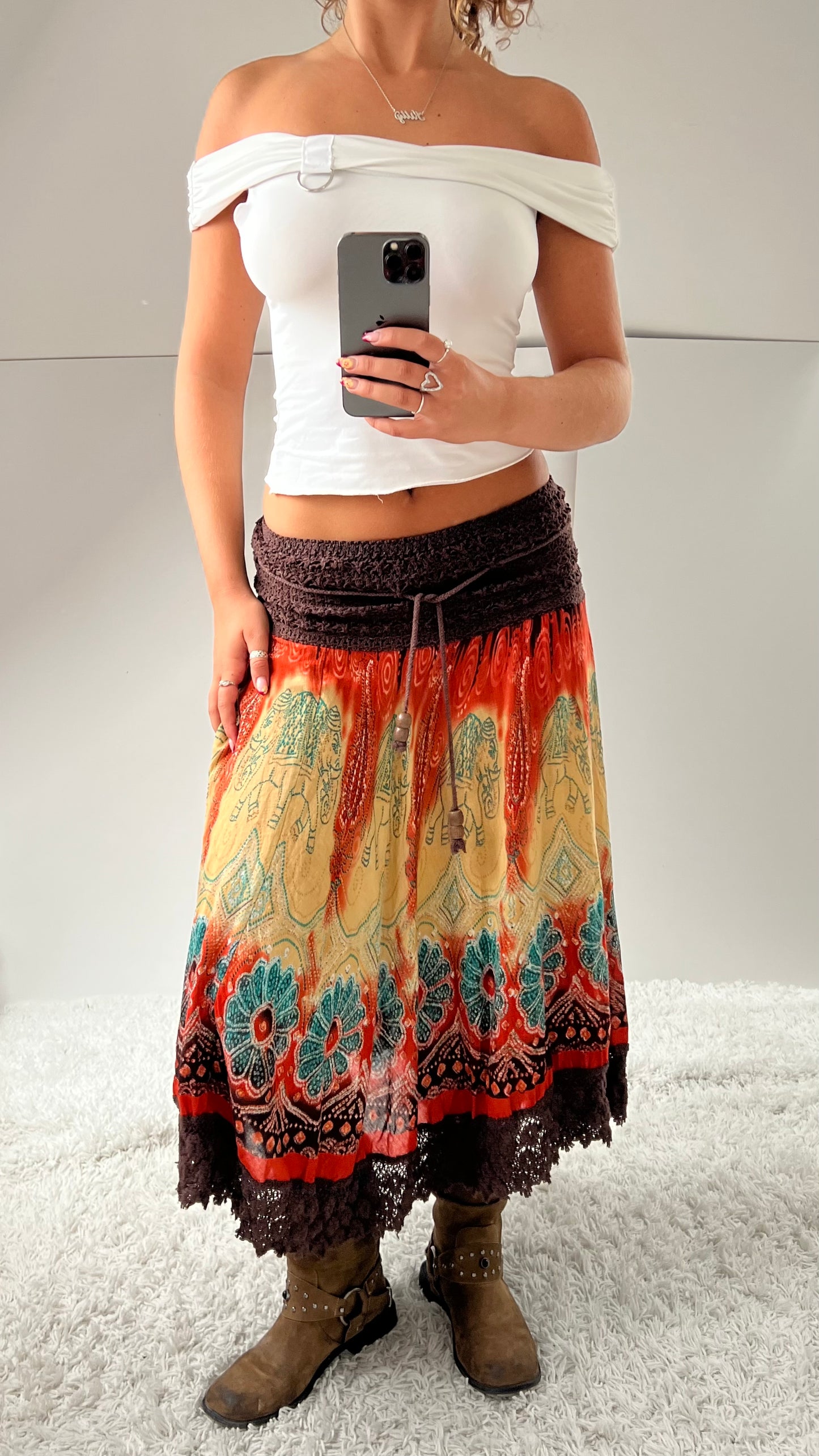00s boho orange maxi skirt- size S