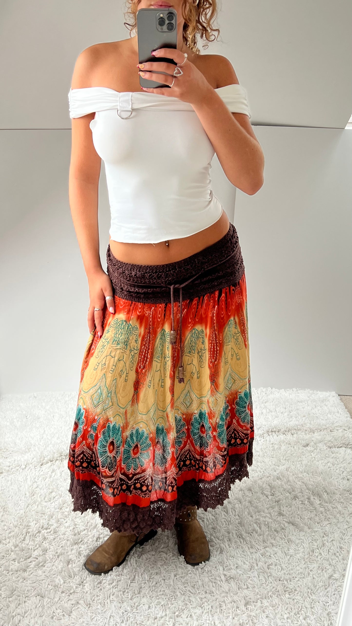 00s boho orange maxi skirt- size S