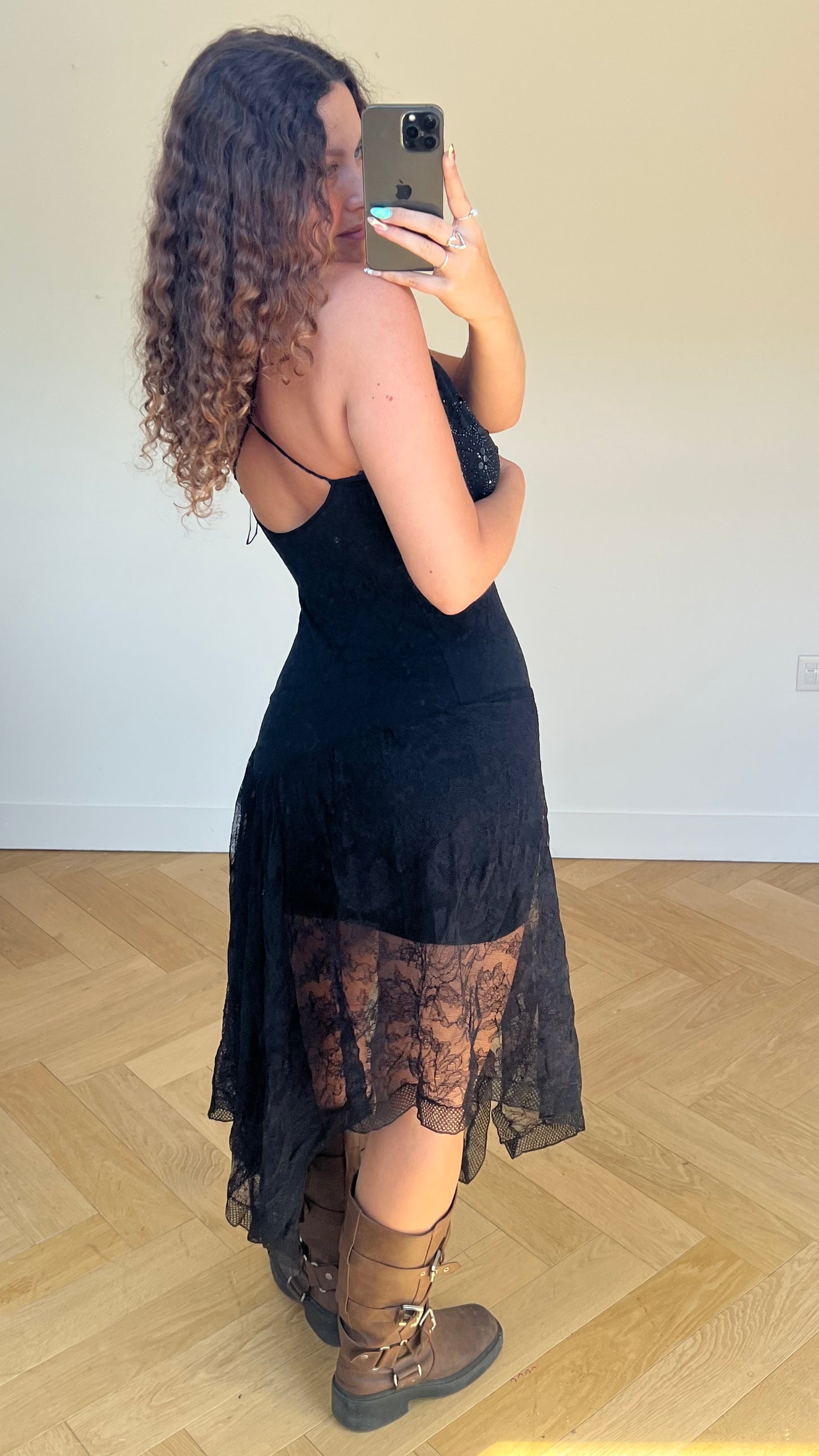 00s black beaded maxi dress- size M