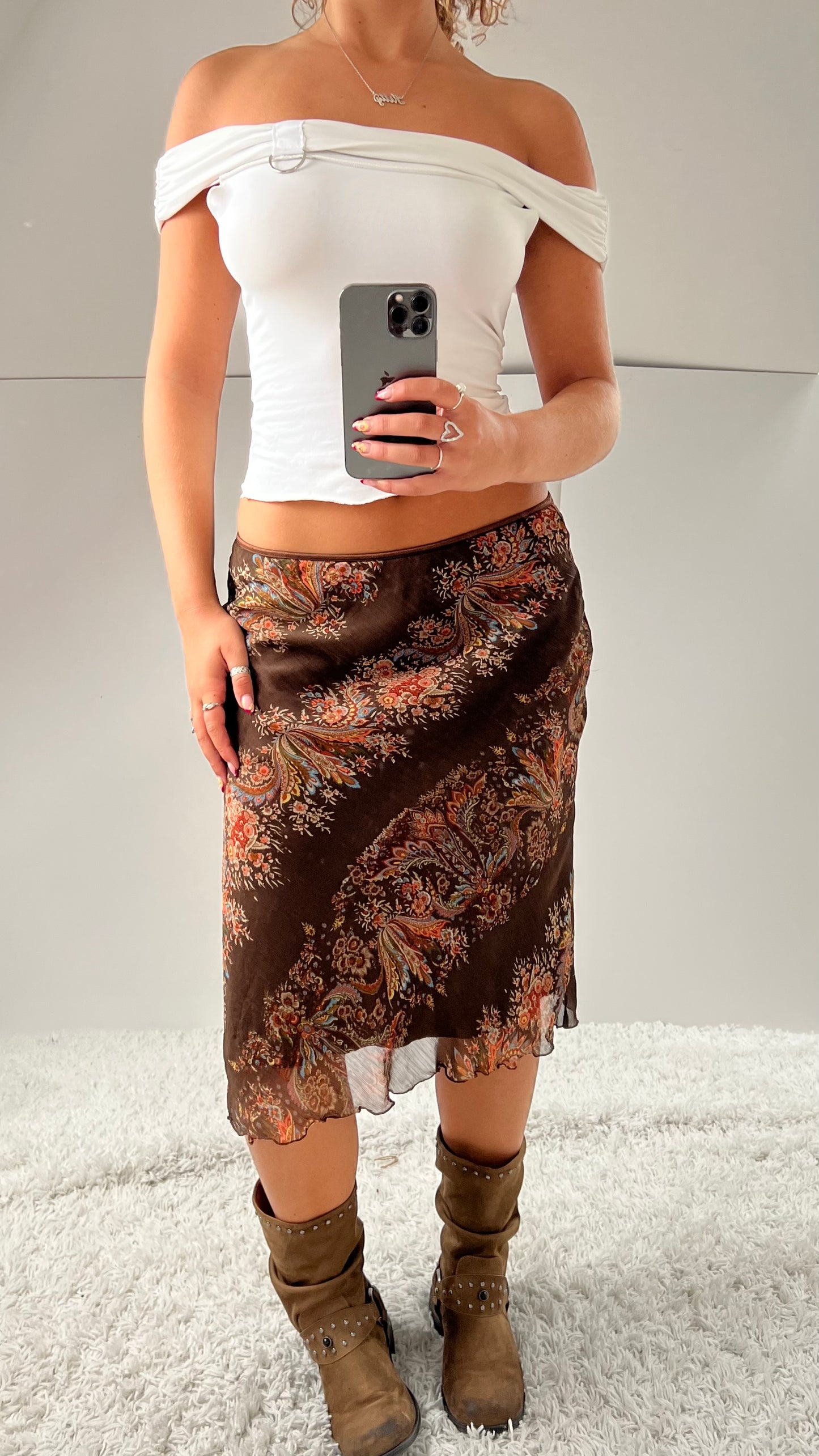 00s brown paisley mesh midi skirt- size M
