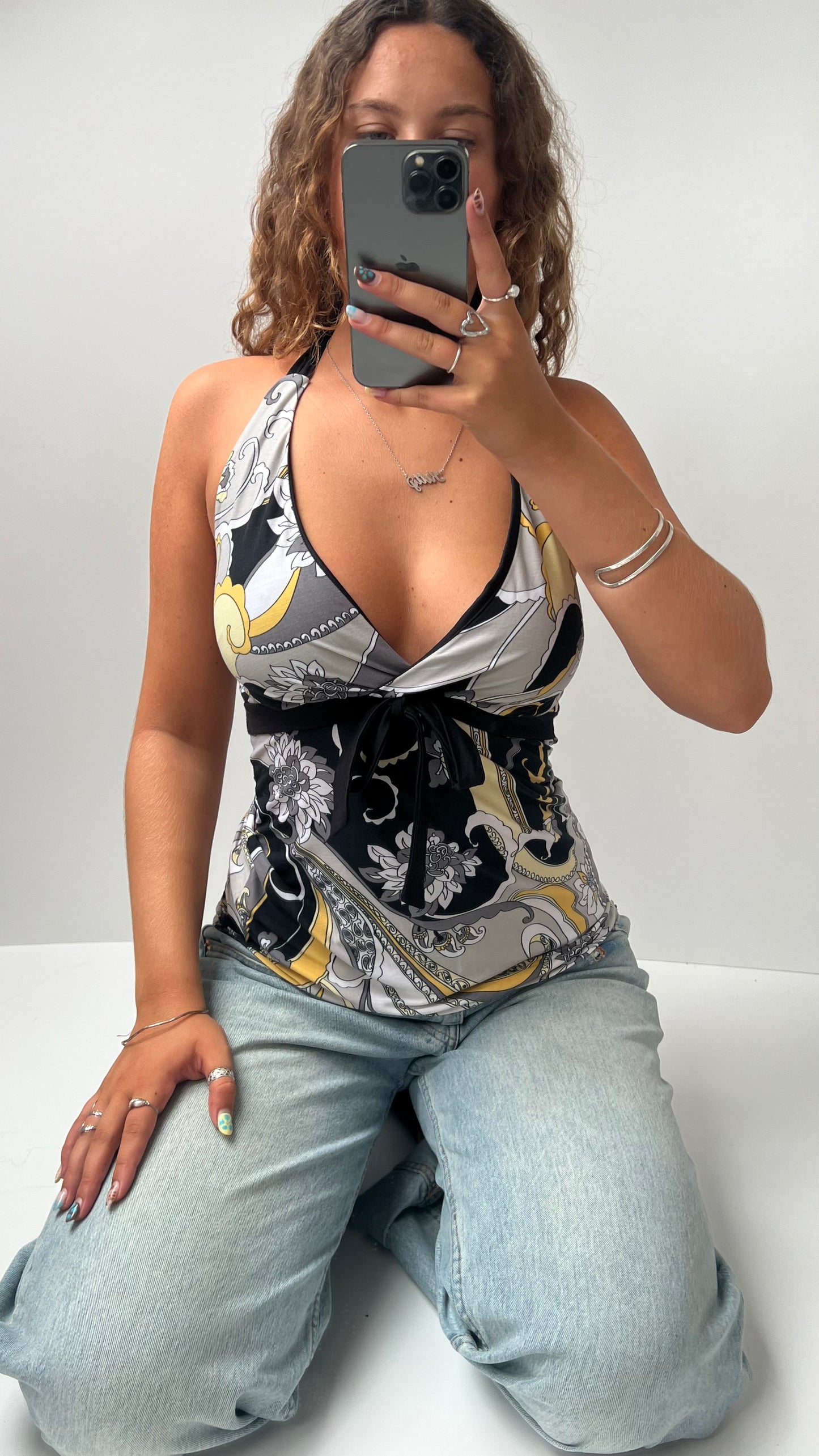 00s black grey patterned halter cami- size S