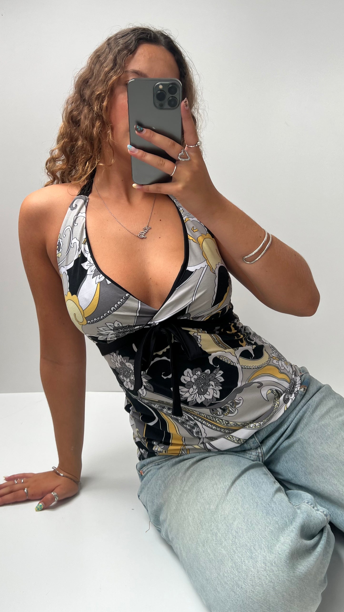 00s black grey patterned halter cami- size S