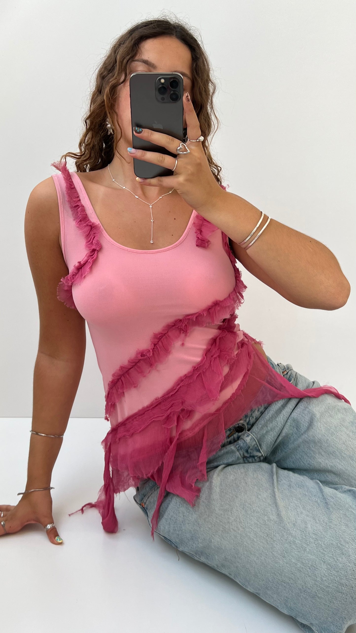 00s pink ruffle tank top- size M