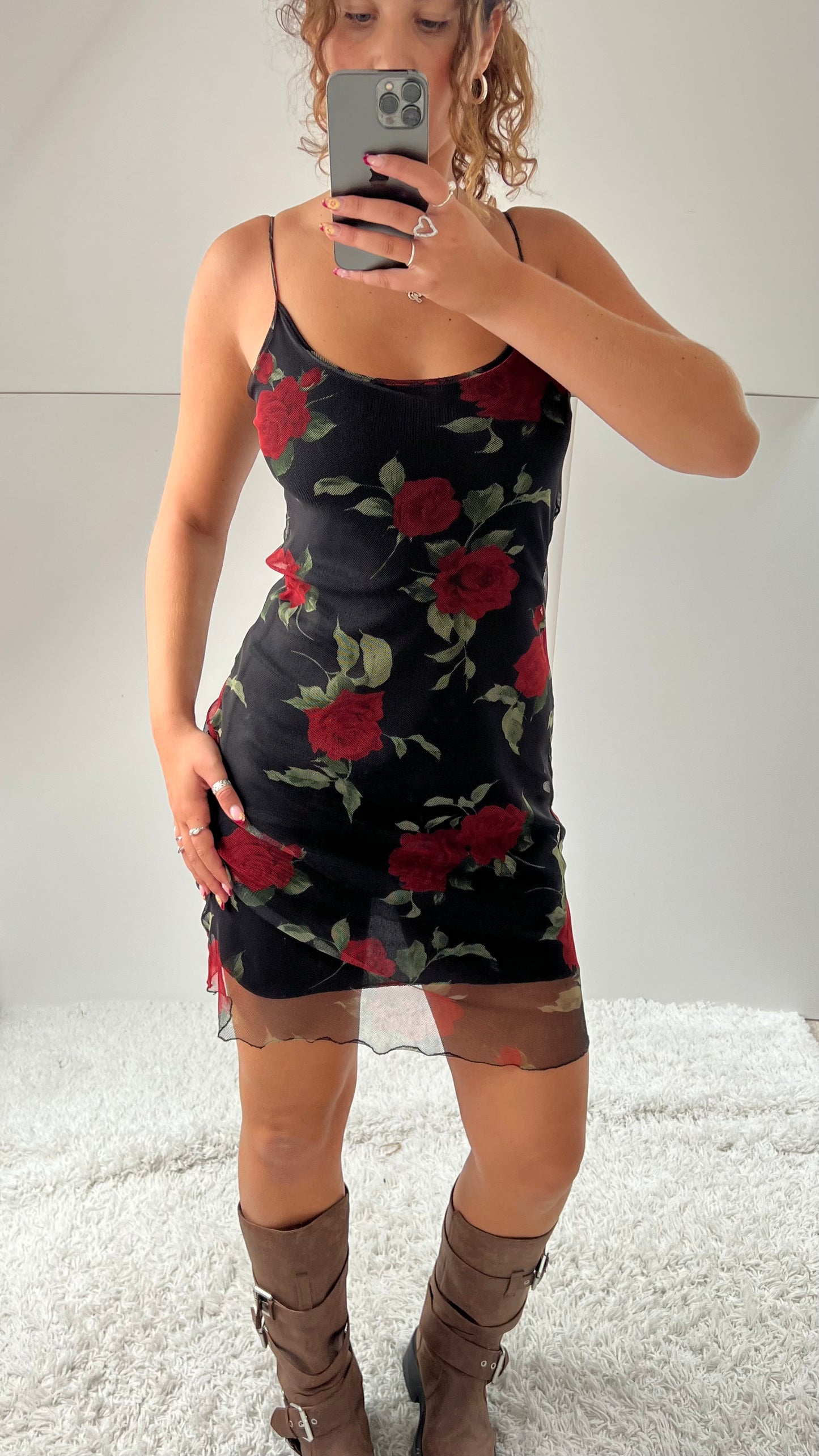00s red black floral mini dress- size M