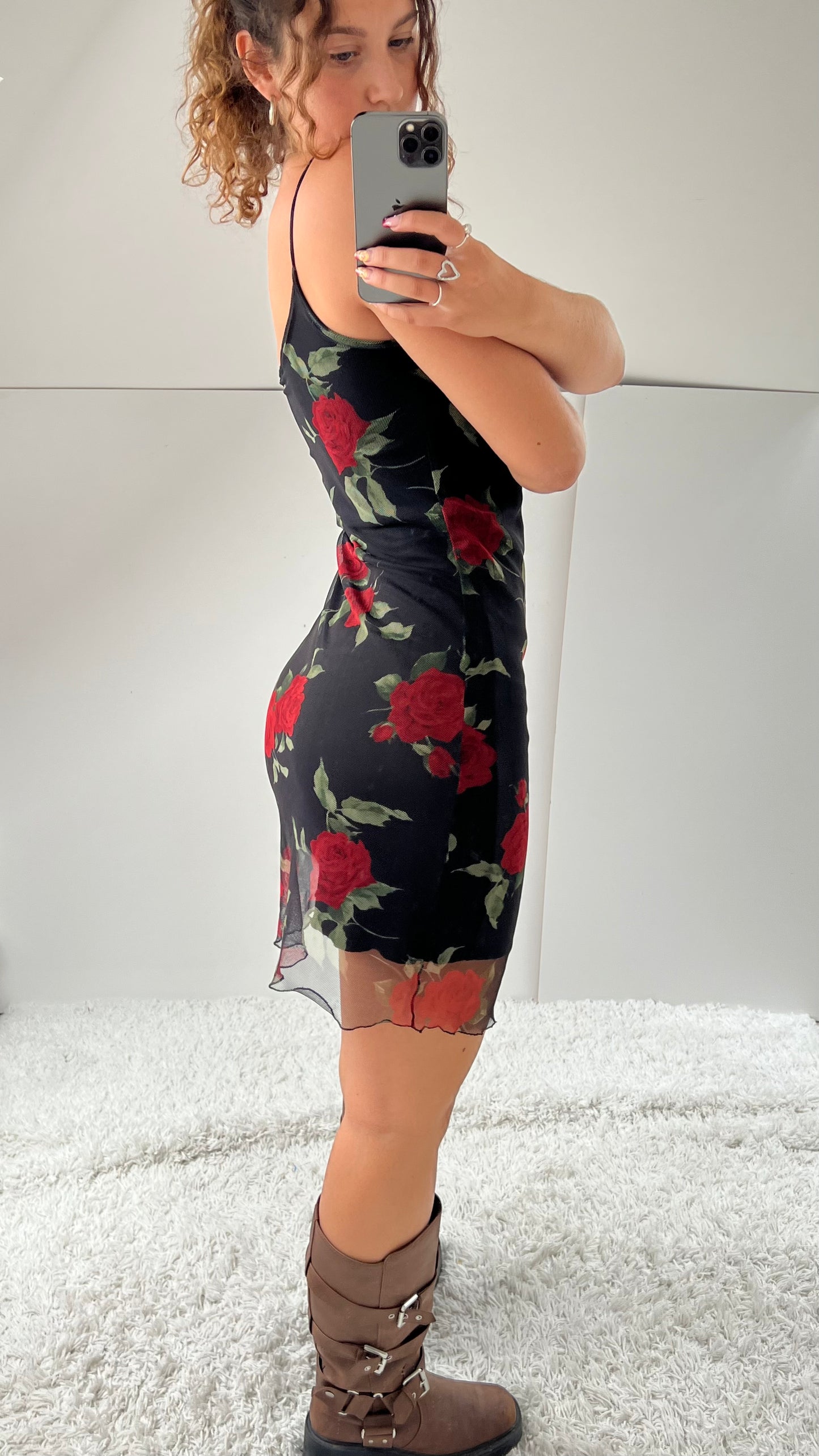 00s red black floral mini dress- size M