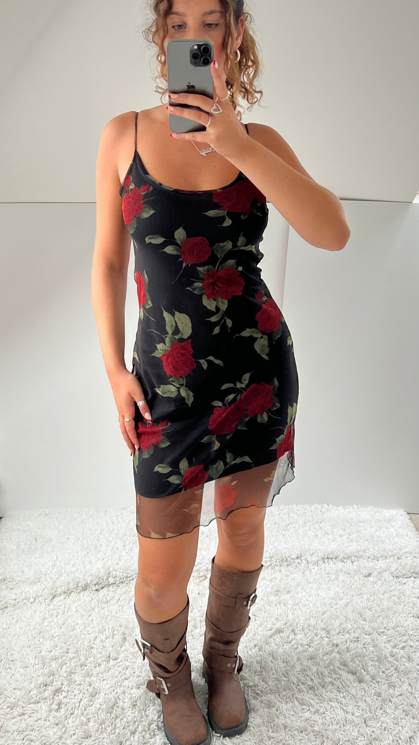 00s red black floral mini dress- size M