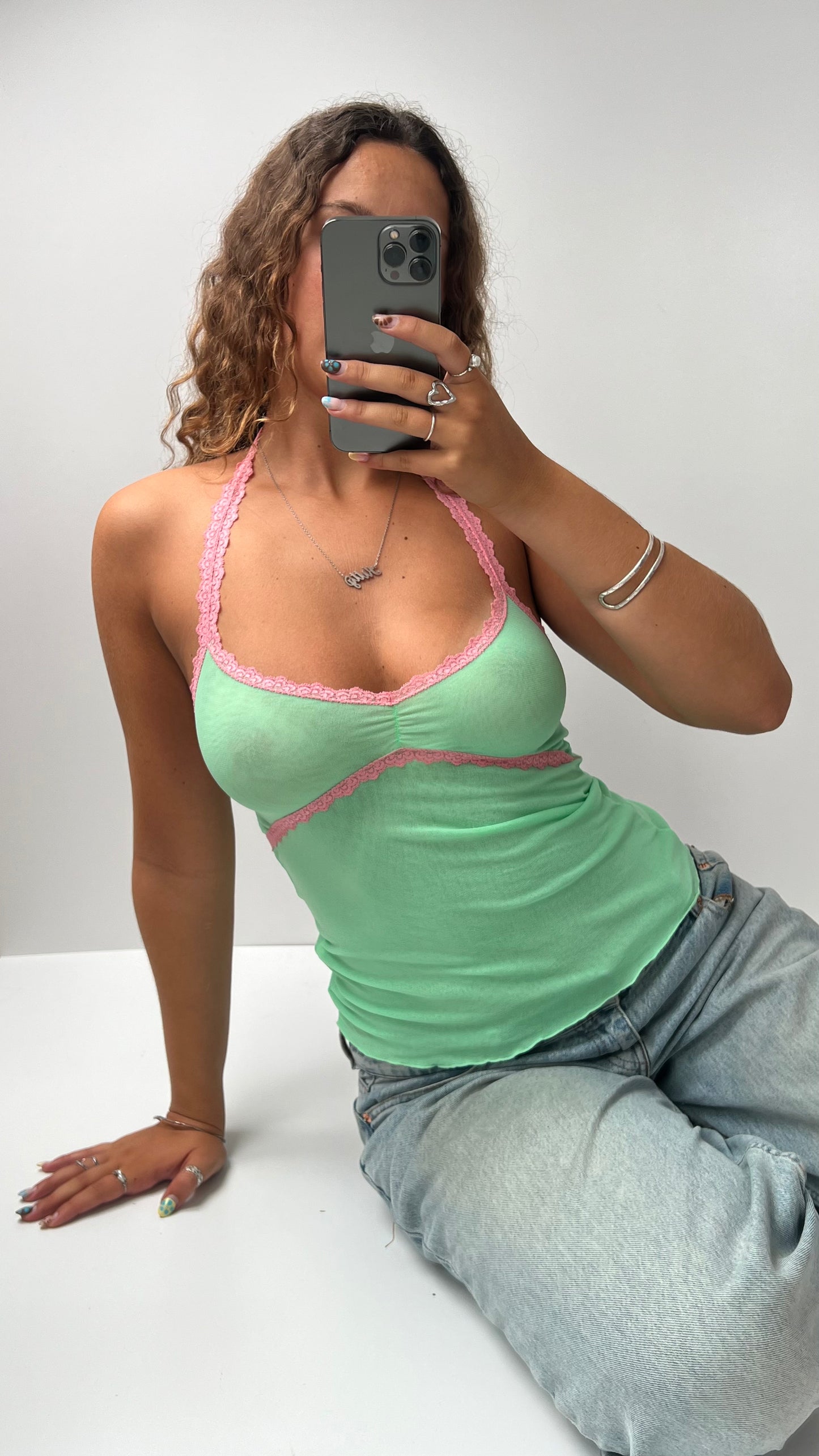 00s green pink mesh cami- size S