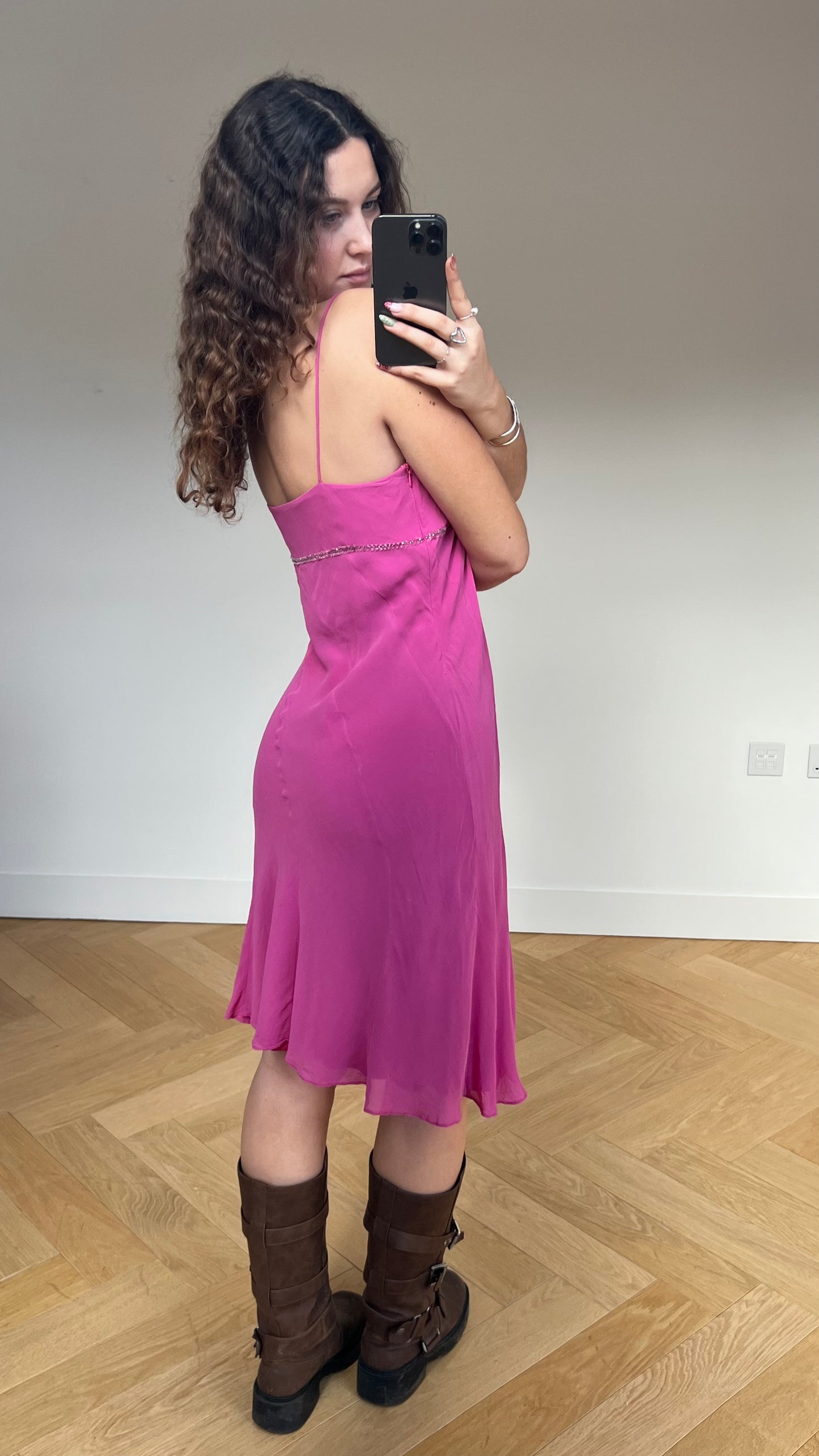 00s pink silk midi dress- size L/XL