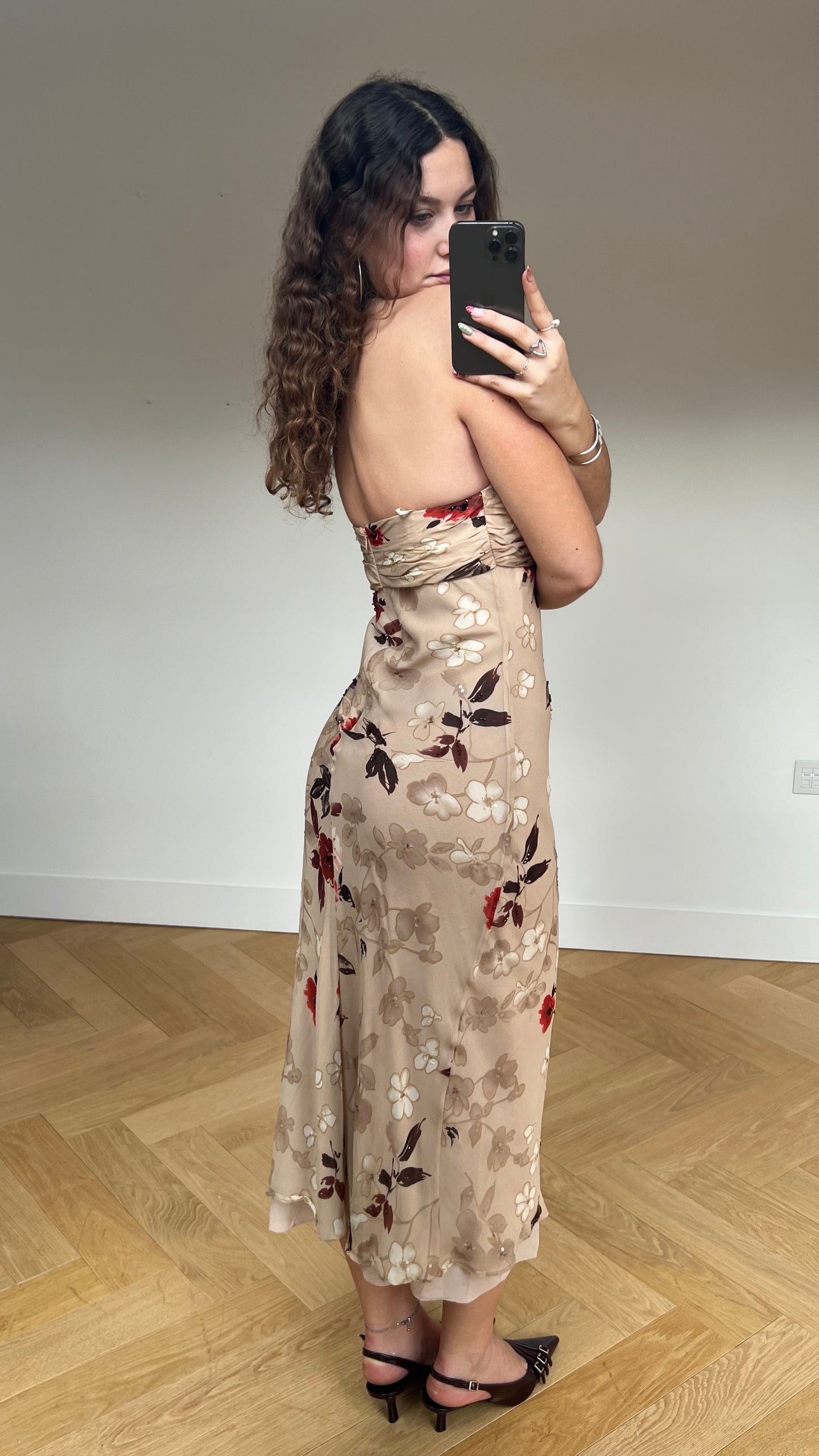 00s brown red floral midi dress- size M