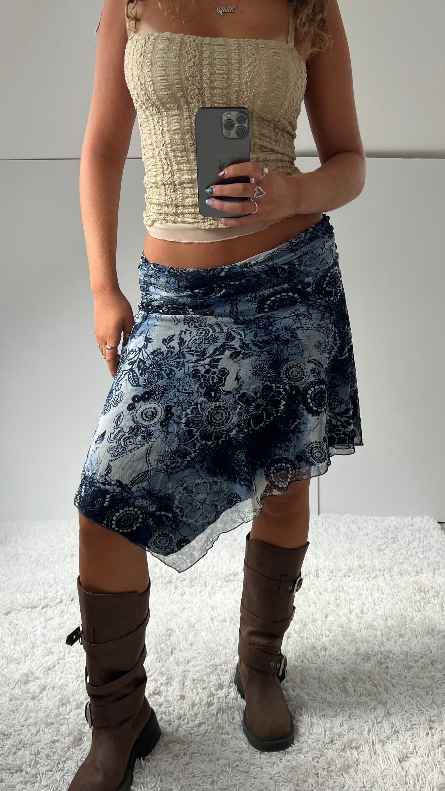 00s blue floral mesh midi skirt- size M