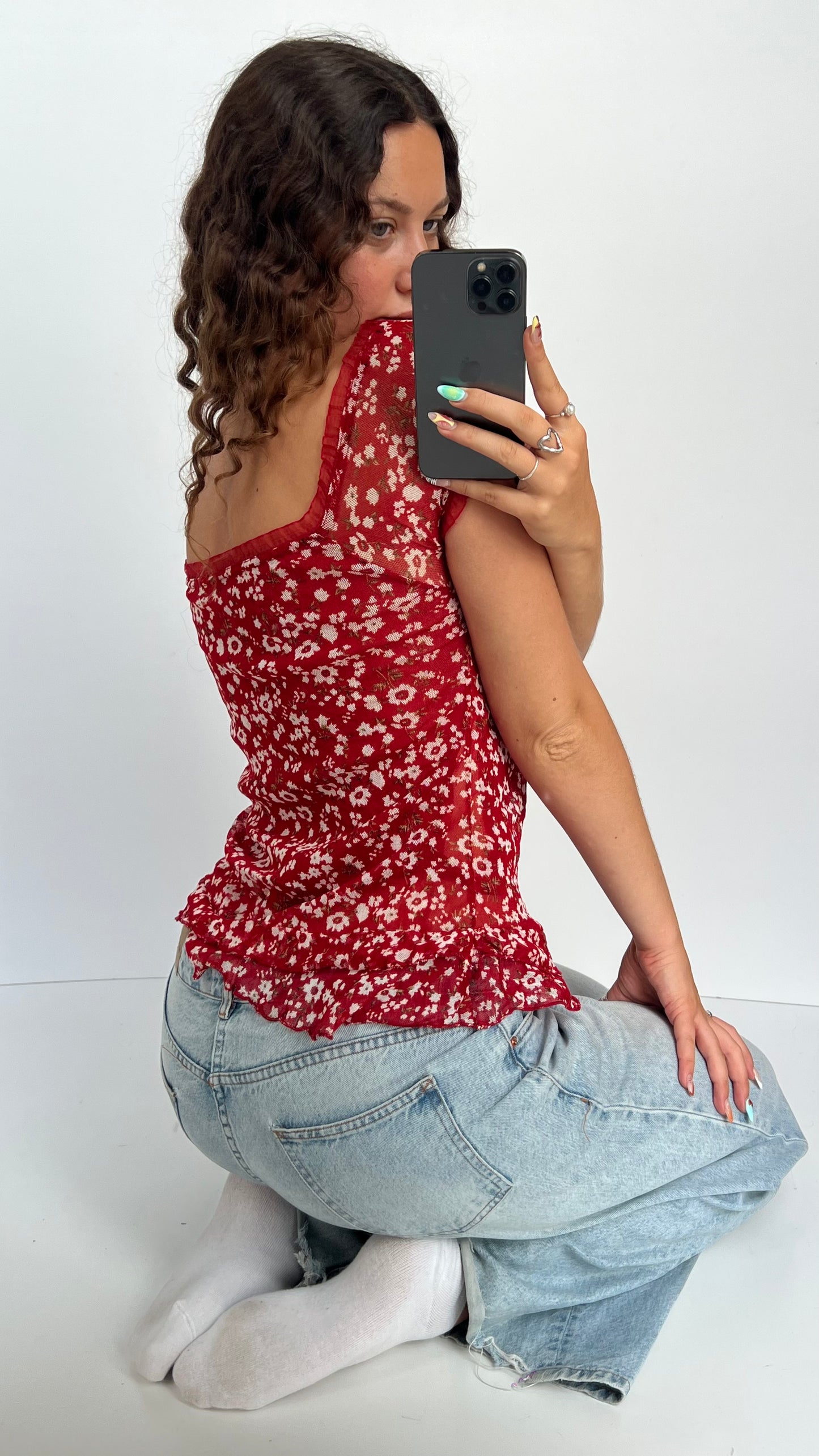00s red floral babydoll top- size L