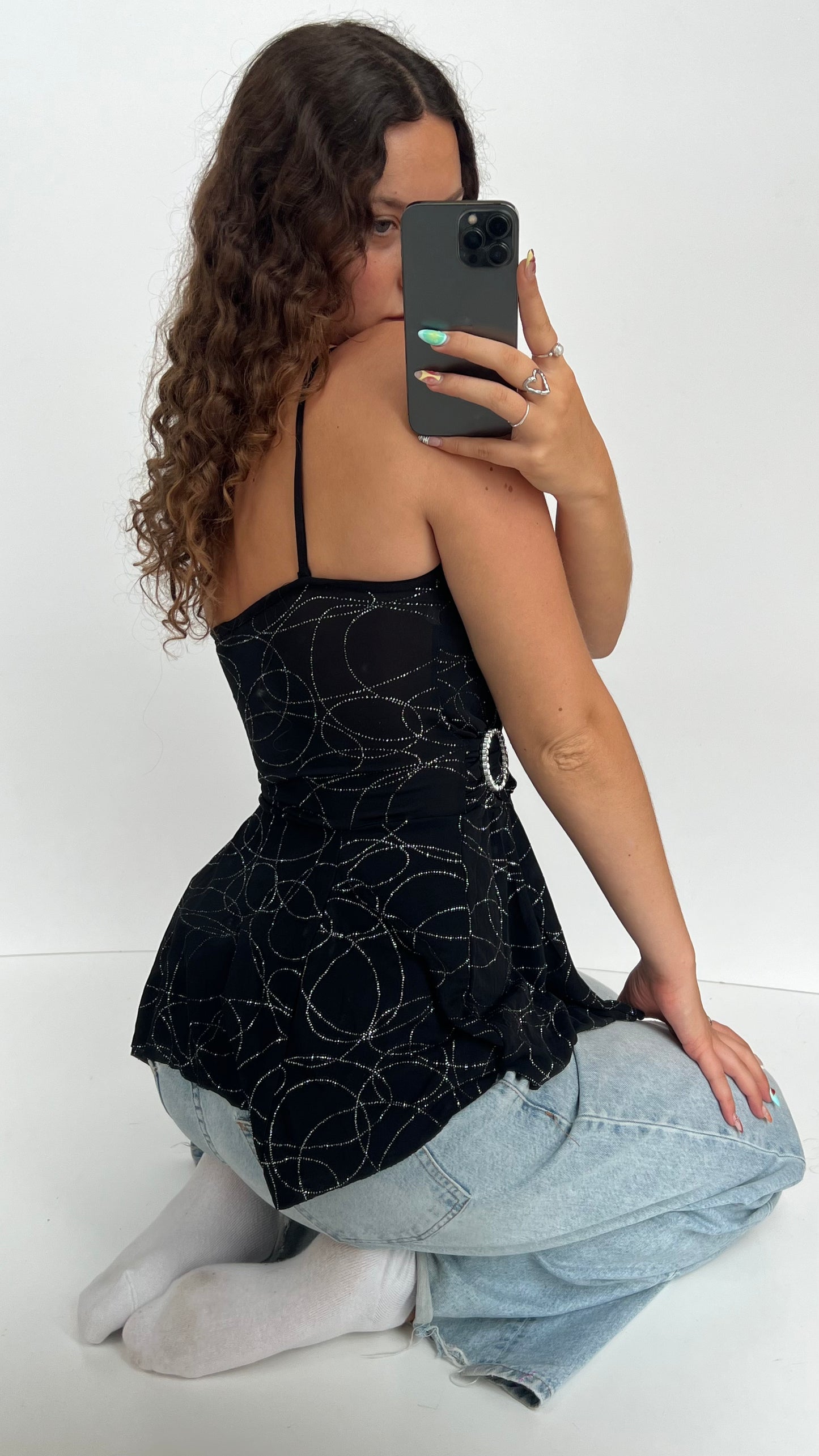 00s black glitter asymmetric cami- size S