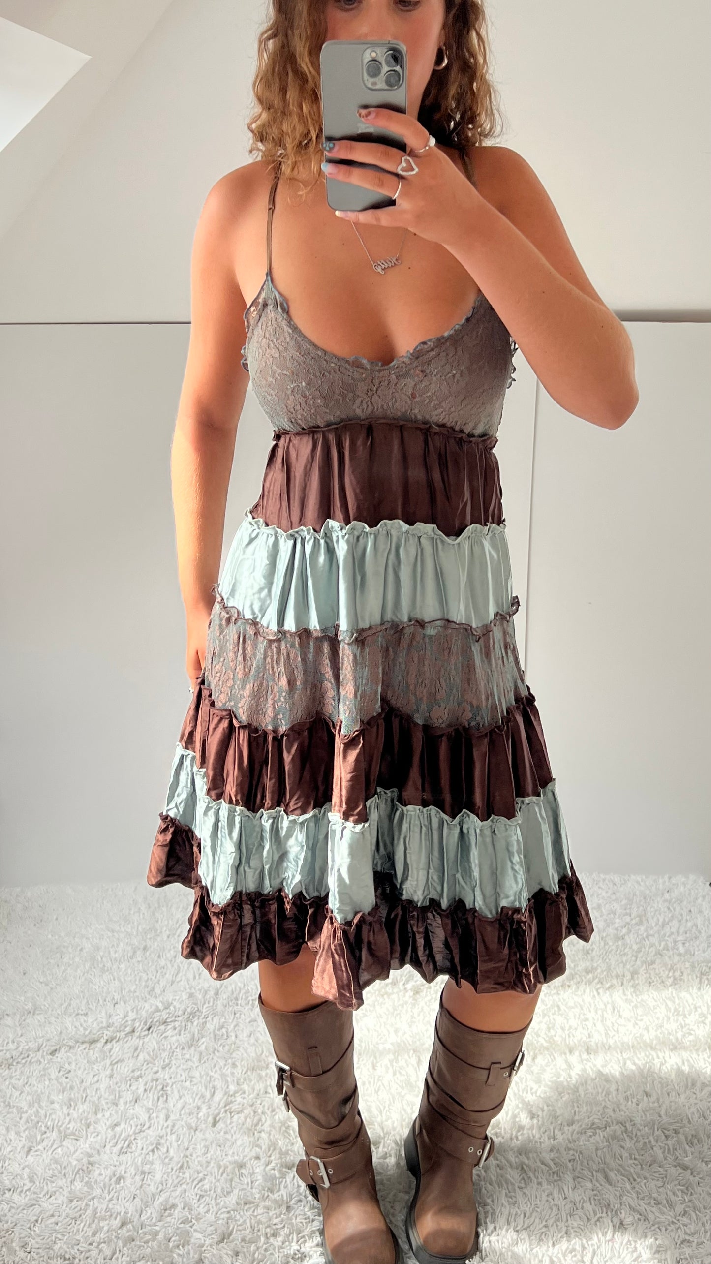 00s blue brown patchwork midi dress- size S