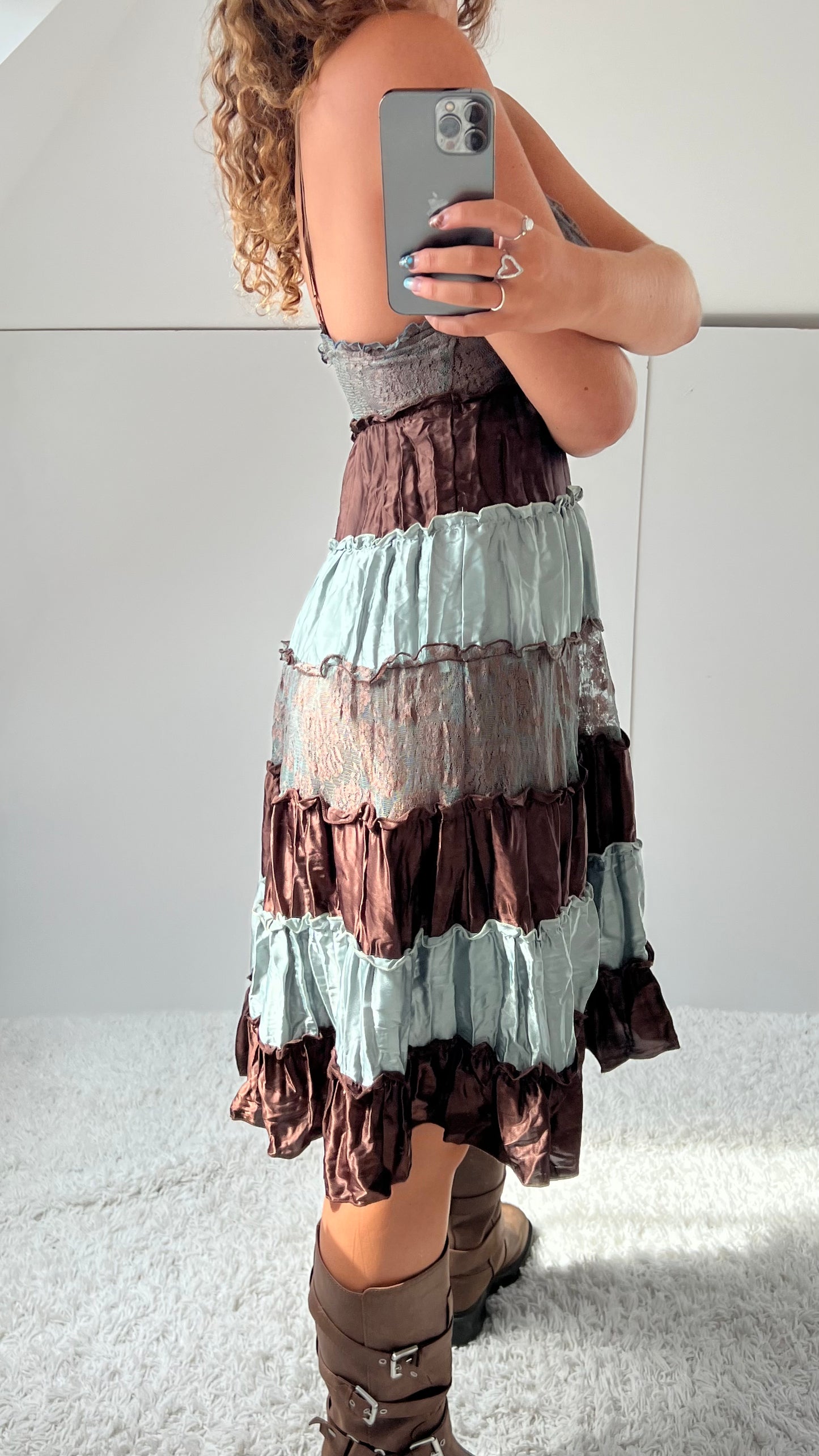 00s blue brown patchwork midi dress- size S