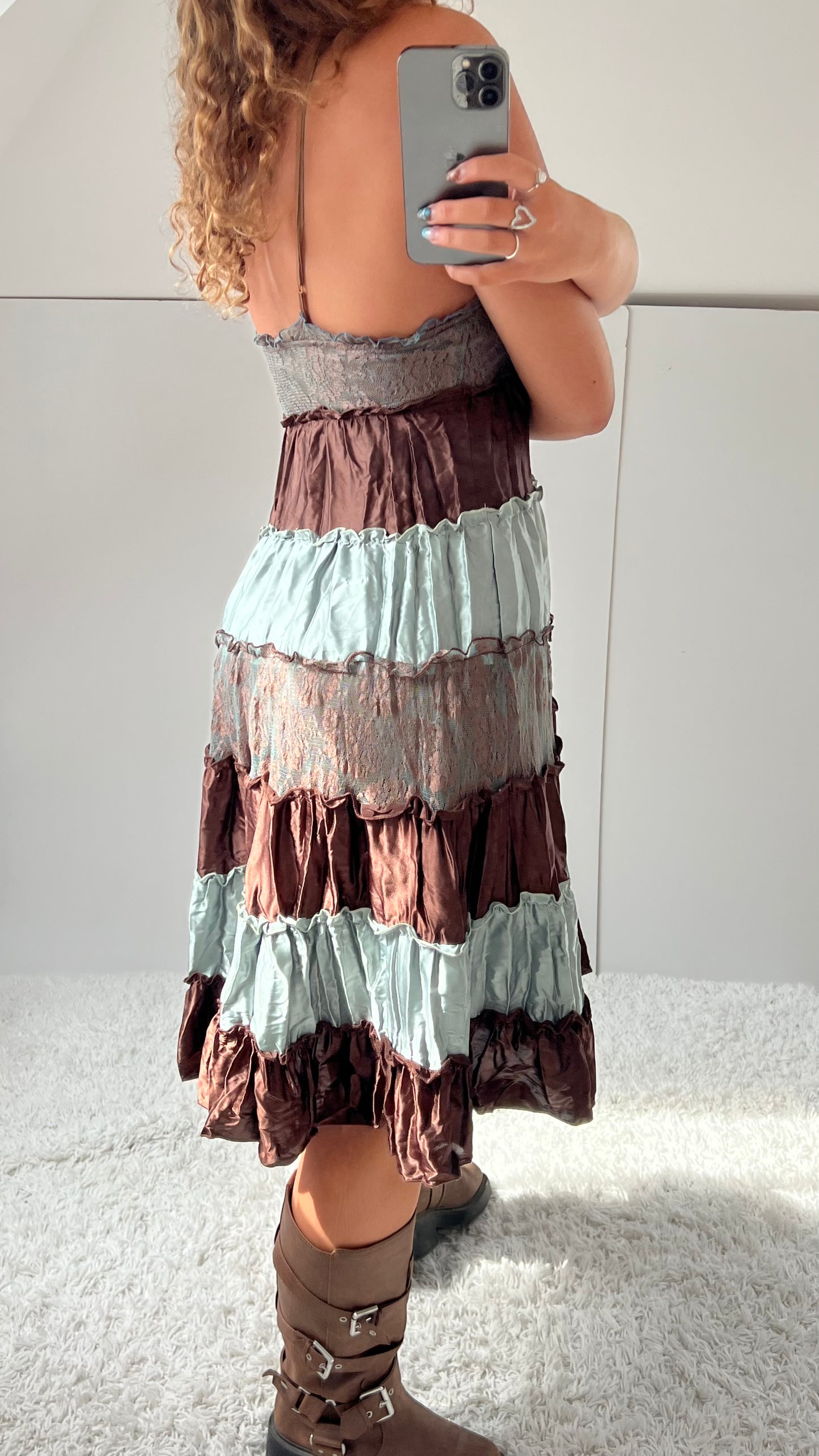 00s blue brown patchwork midi dress- size S