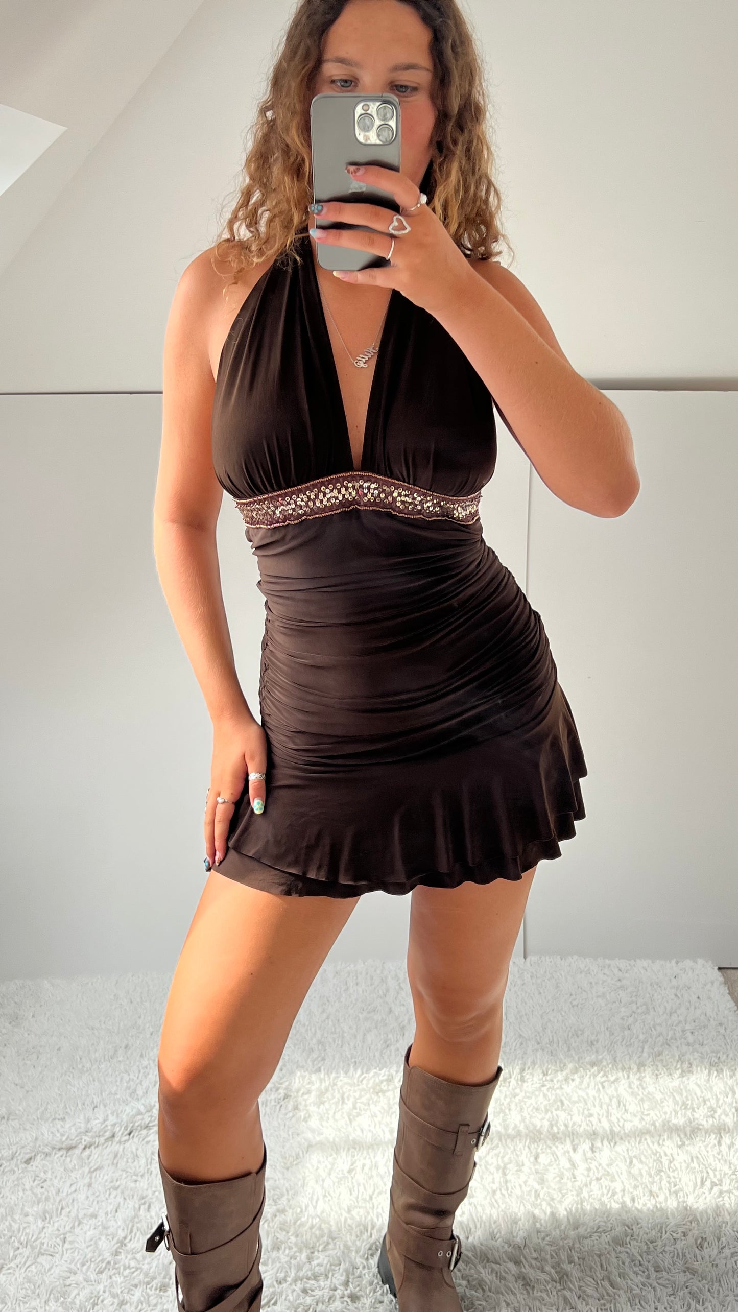 00s Lipsy brown mini dress- size S