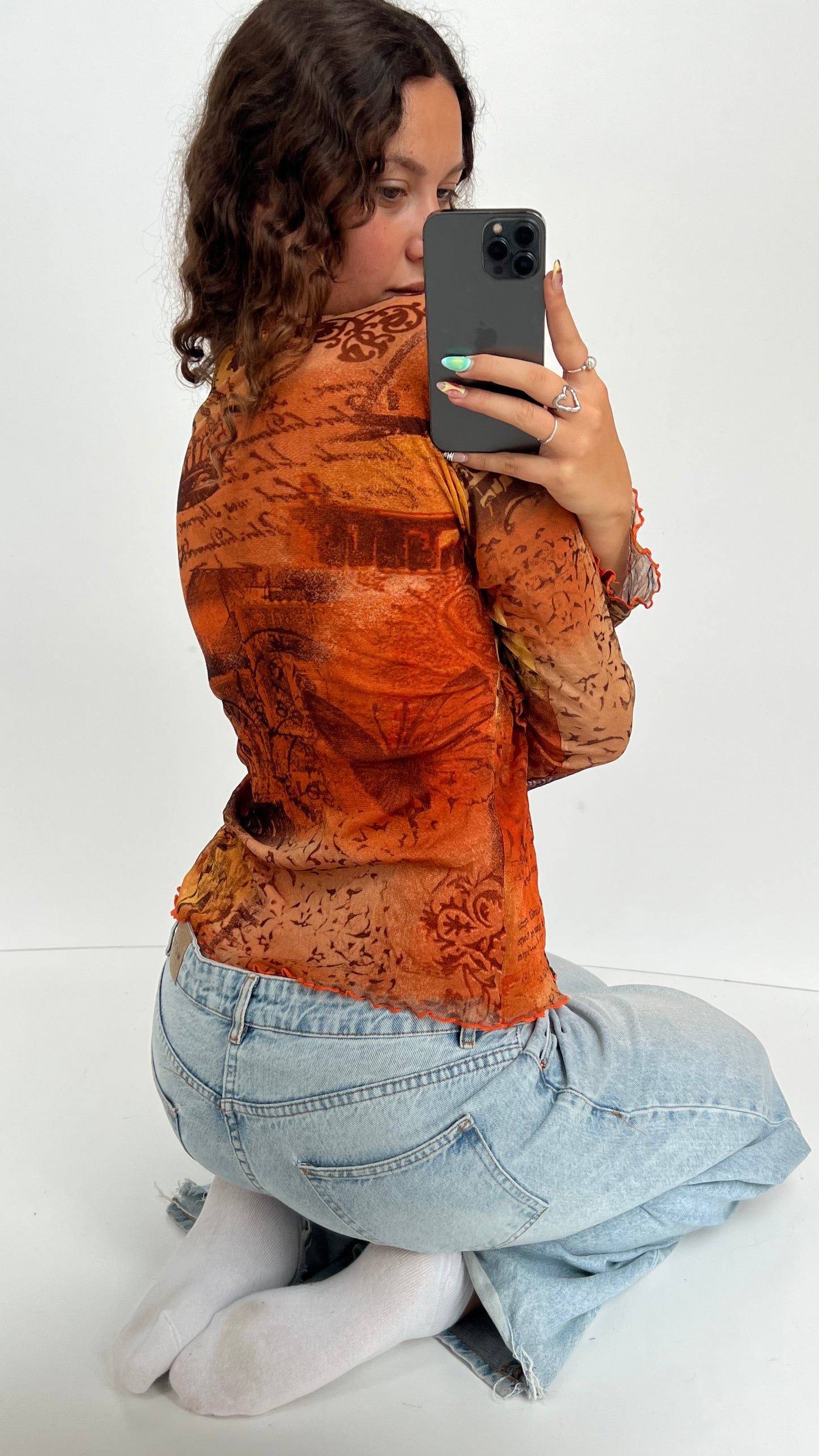 00s orange mesh long sleeve top- size L