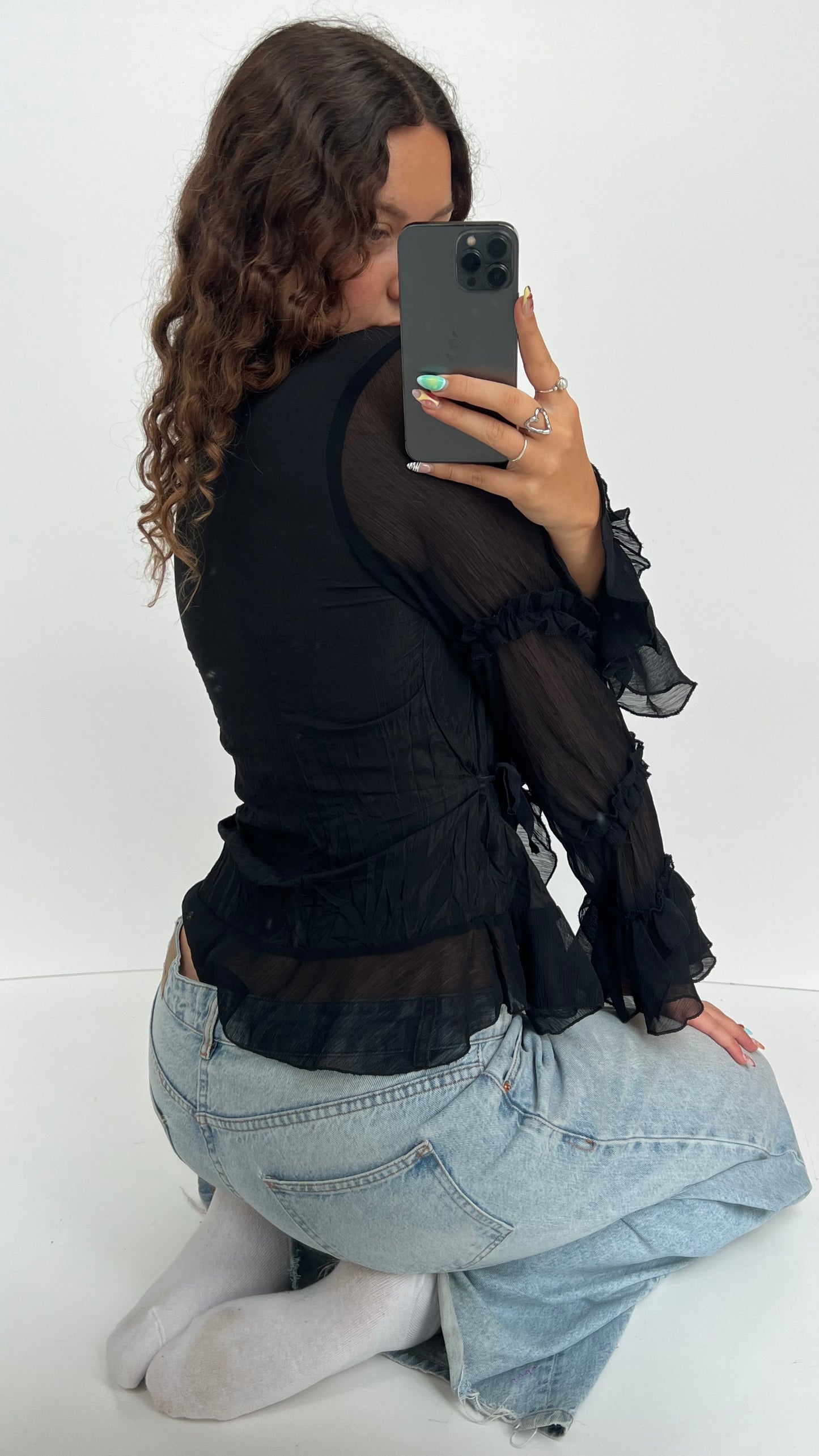 00s black ruffle blouse- size L