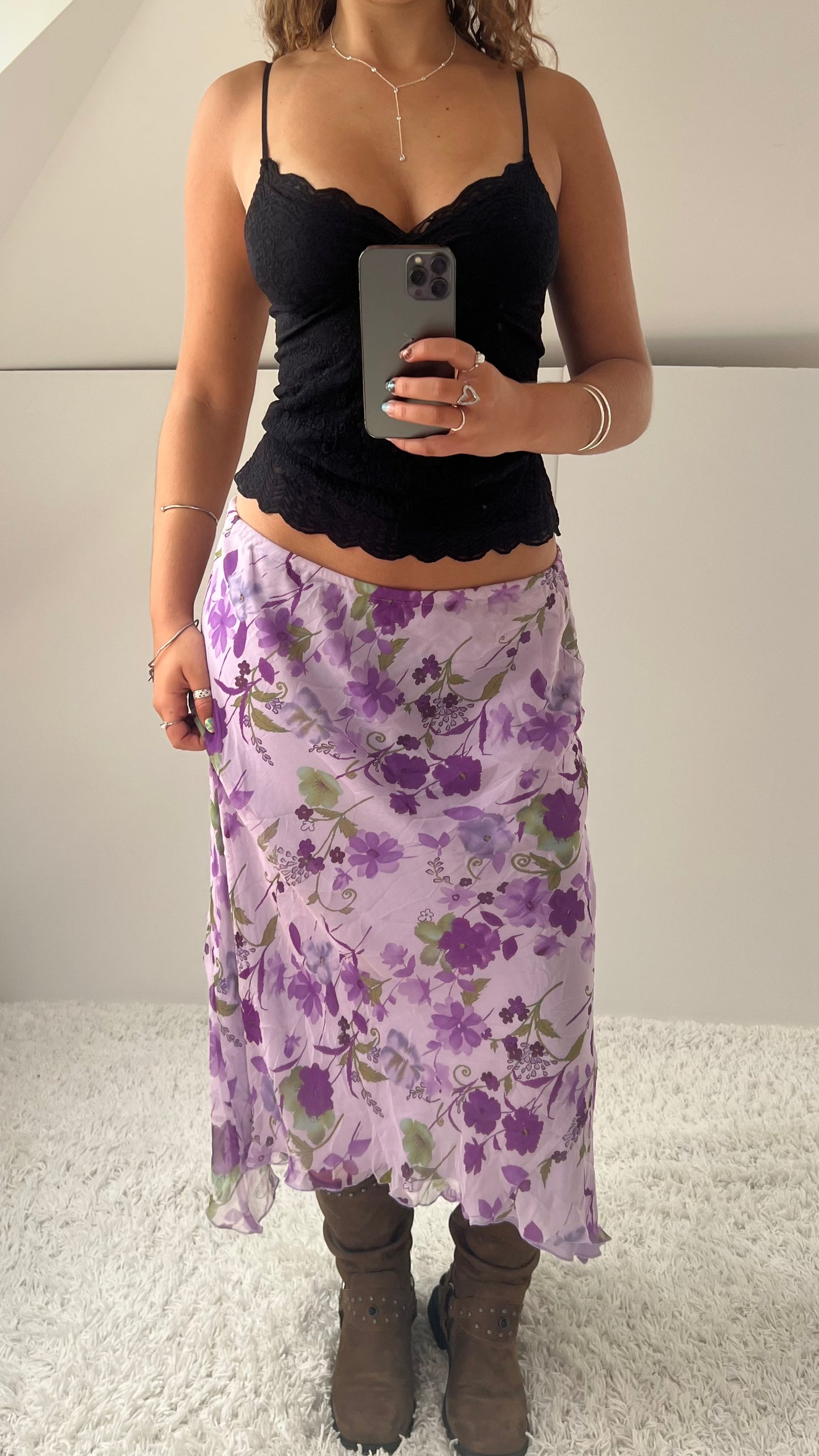 00s purple floral mesh midi skirt- size M/L