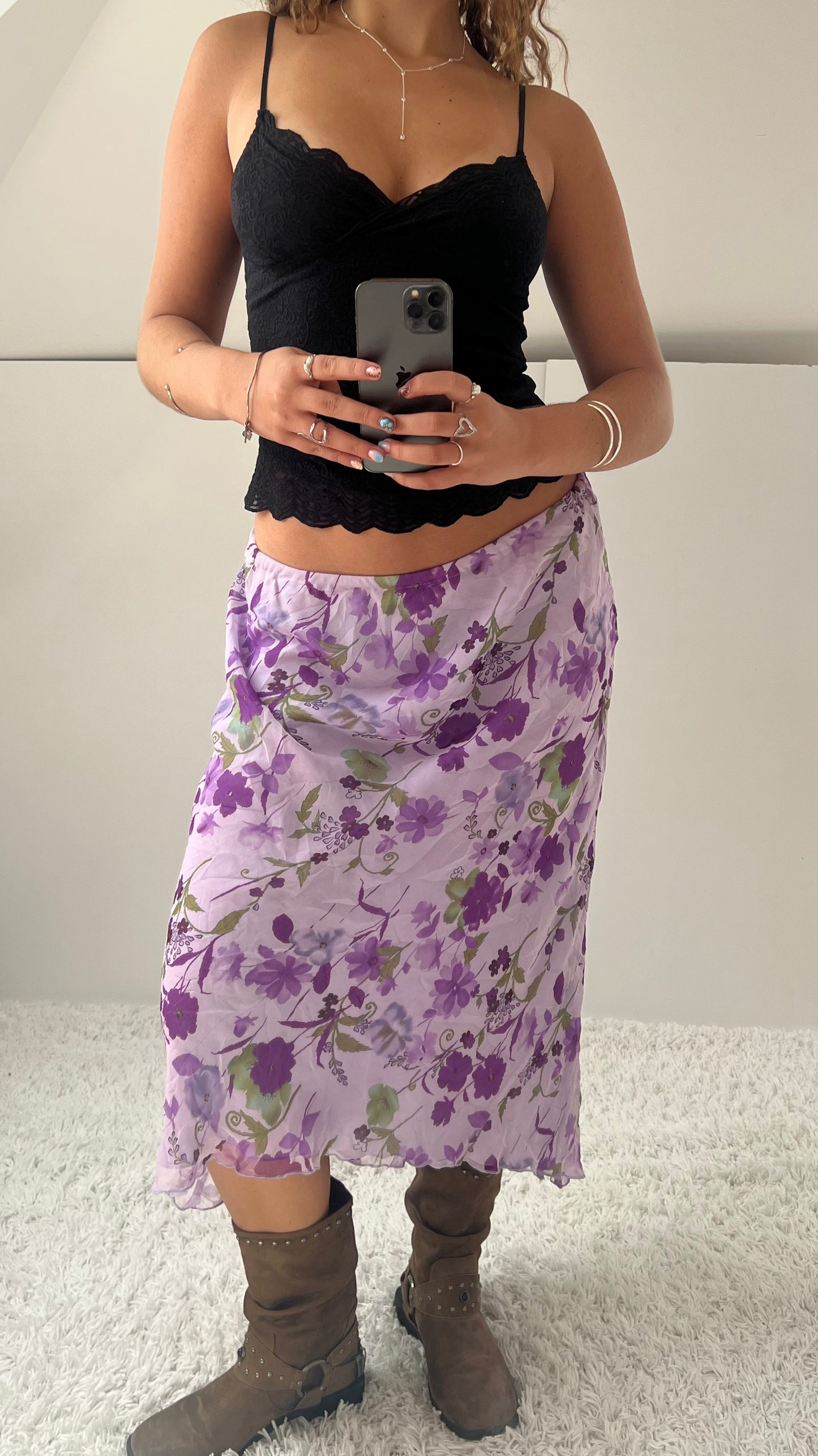 00s purple floral mesh midi skirt- size M/L