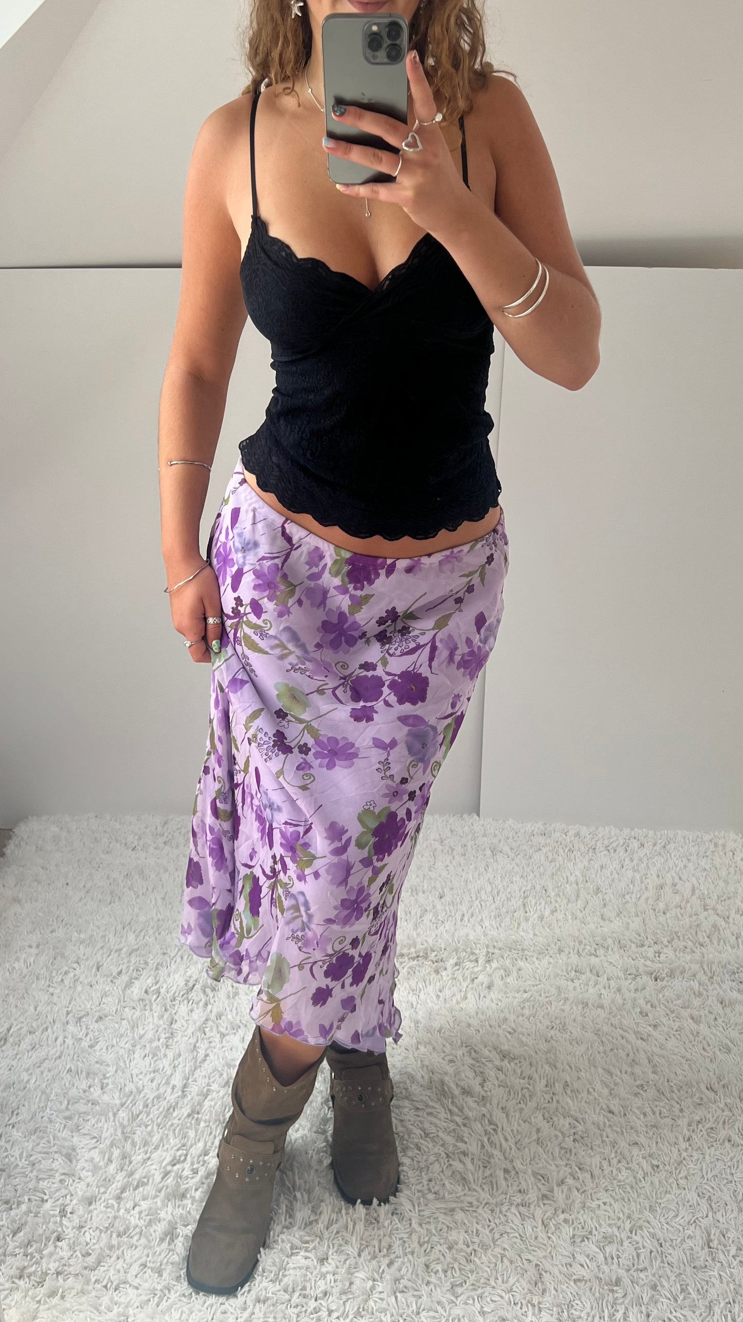 00s purple floral mesh midi skirt- size M/L