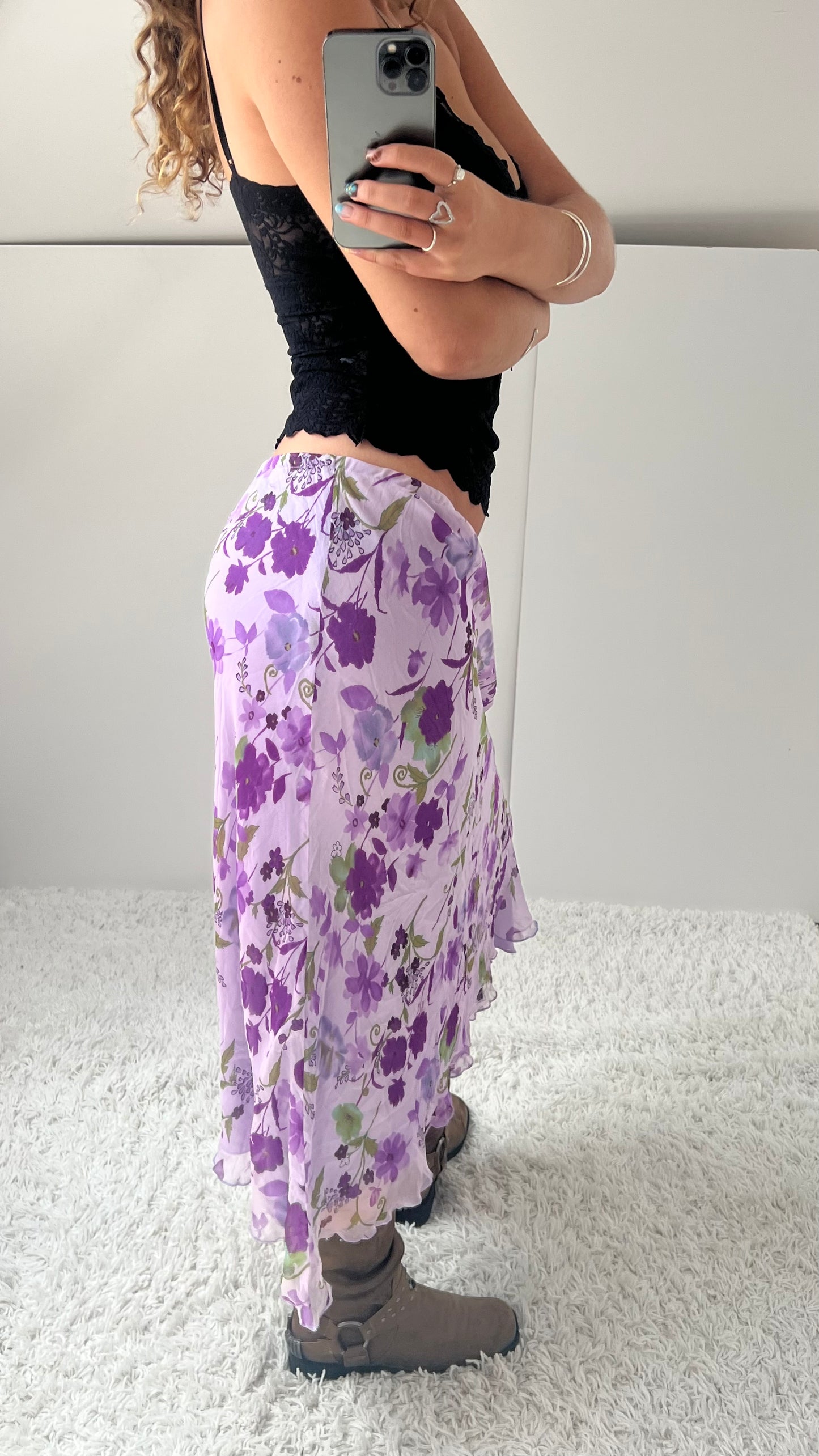 00s purple floral mesh midi skirt- size M/L