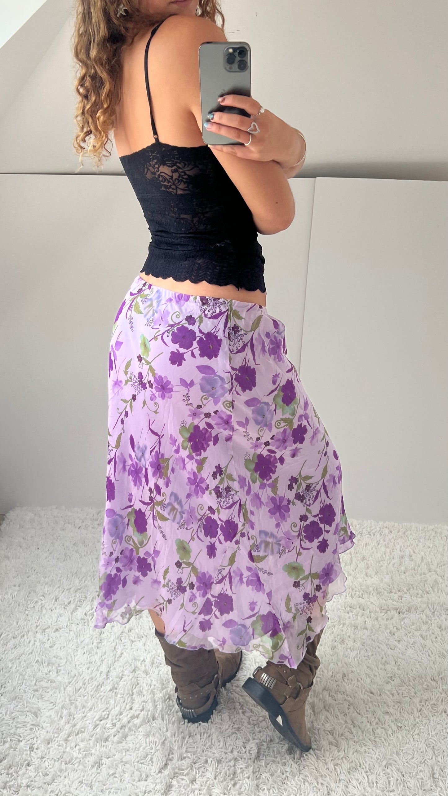 00s purple floral mesh midi skirt- size M/L