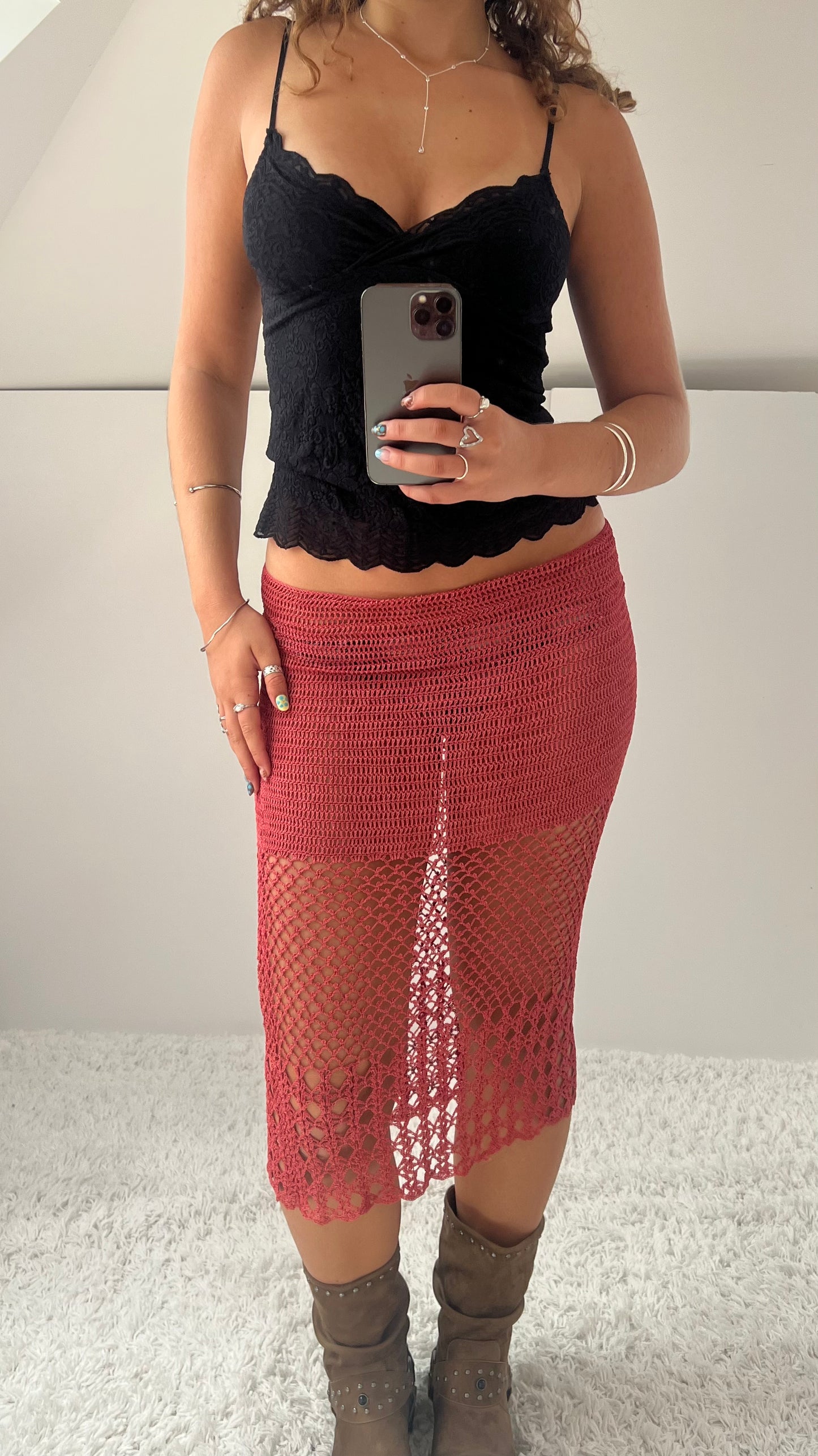 00s coral crochet midi skirt- size L