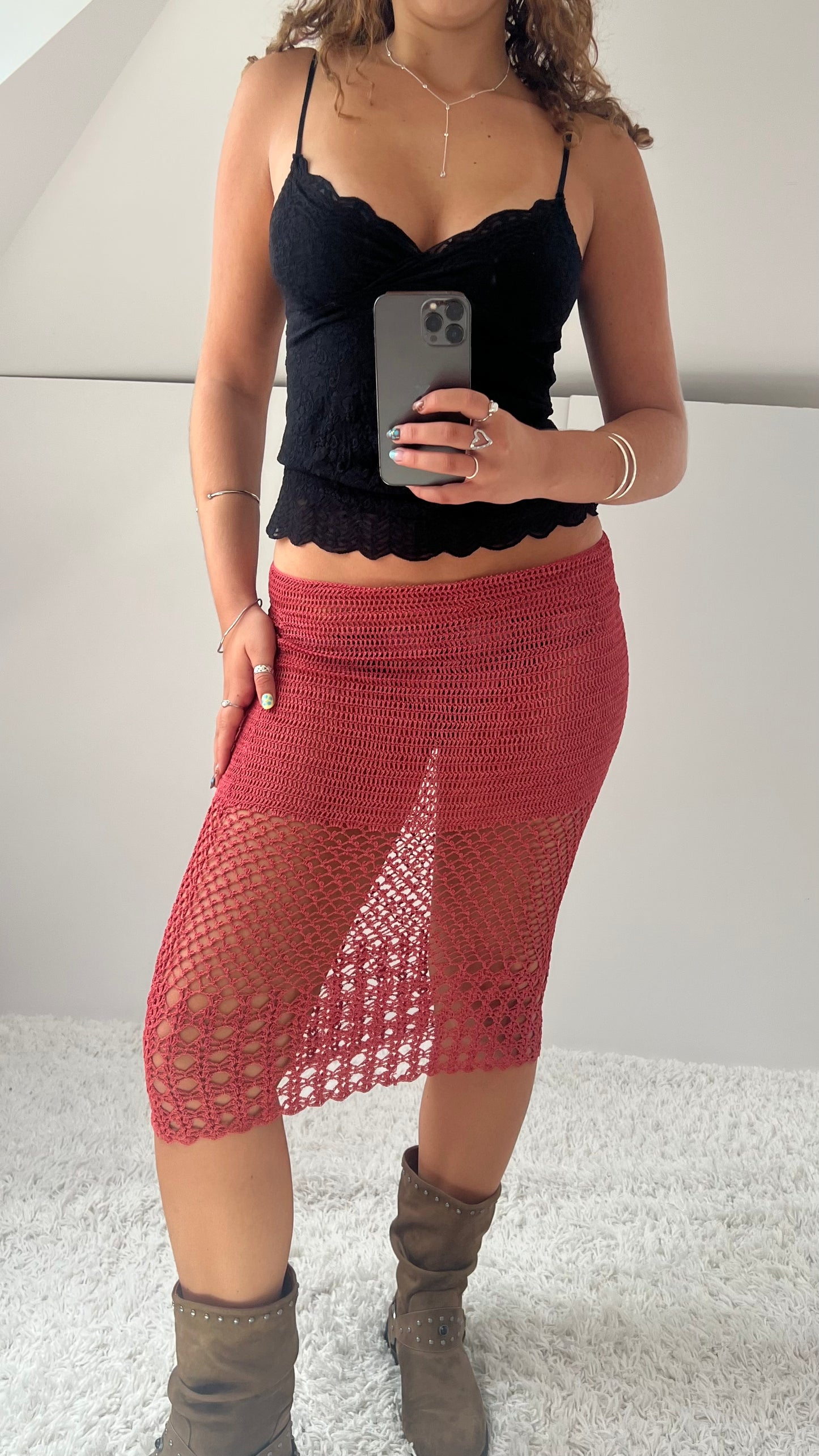 00s coral crochet midi skirt- size L