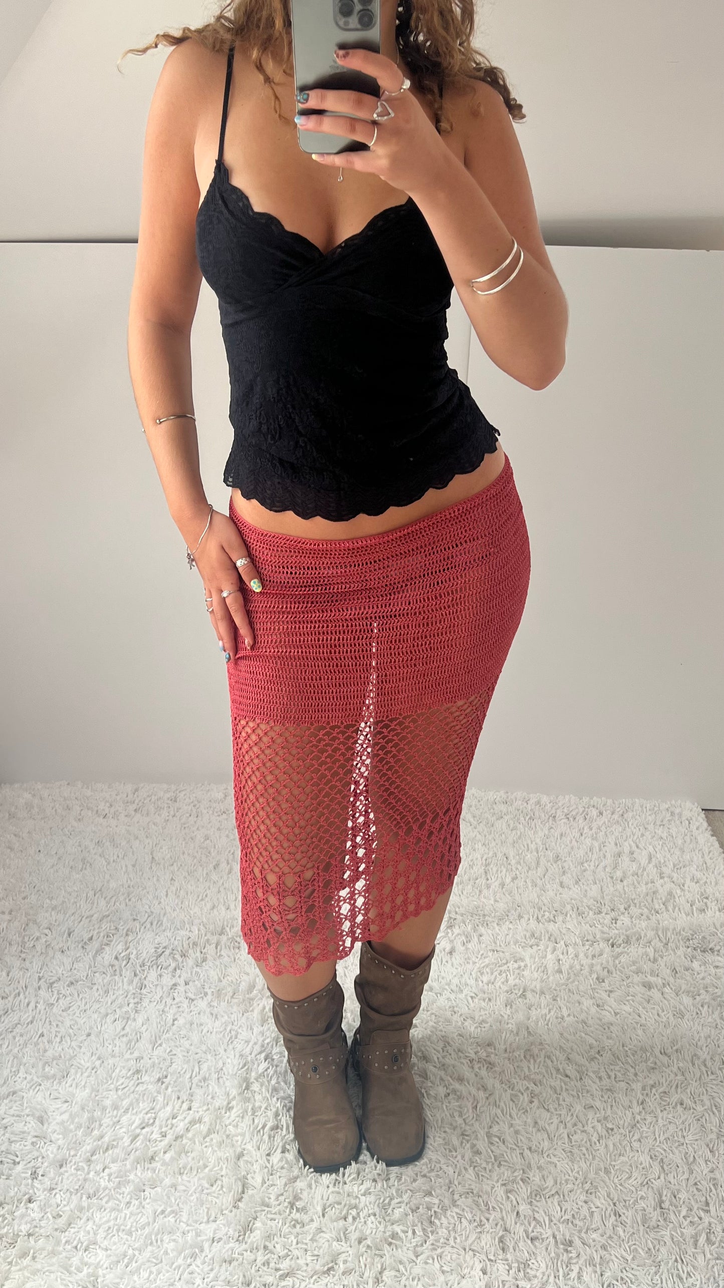 00s coral crochet midi skirt- size L
